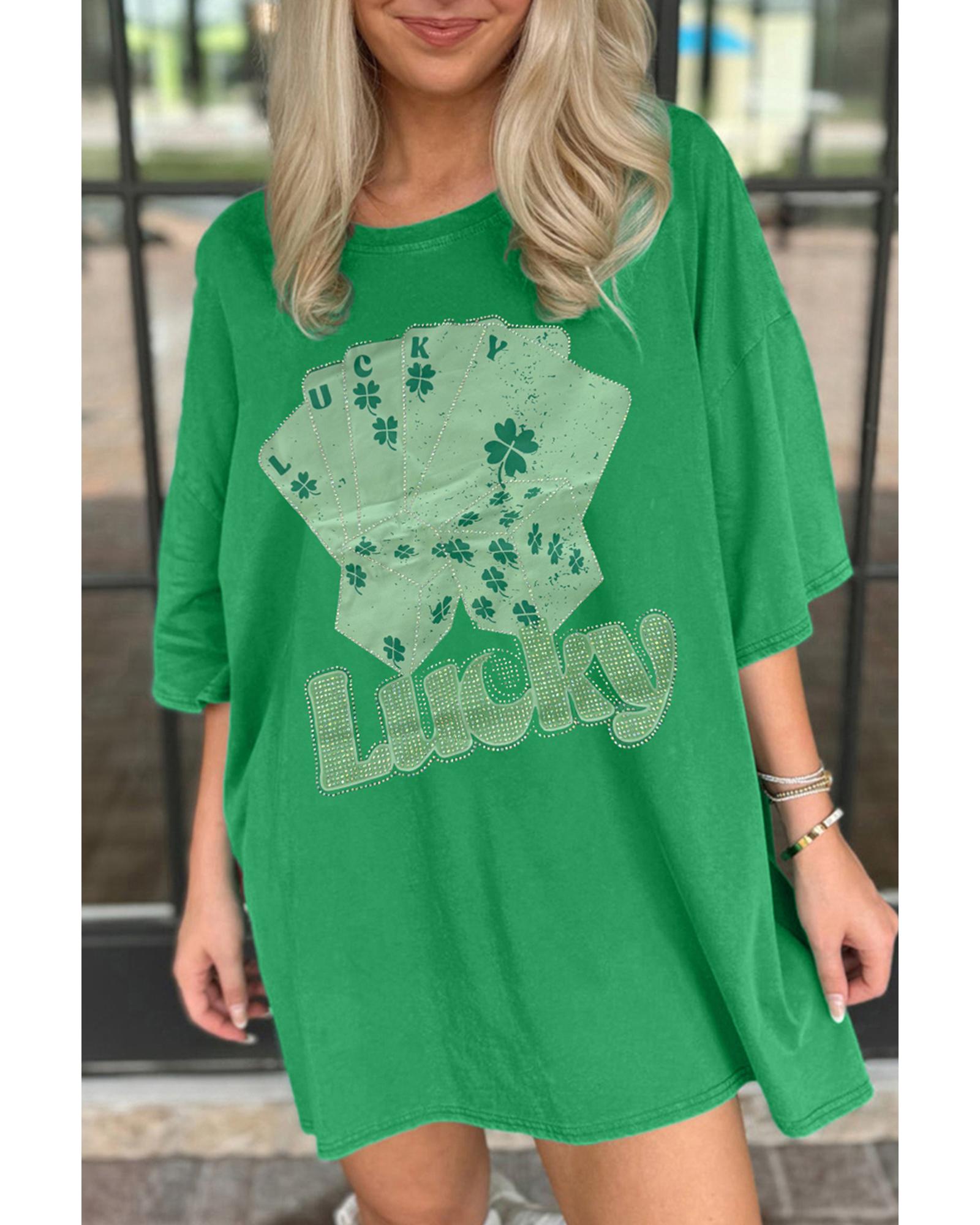 Bright Green Rhinestone Lucky Poker Cards Oversized T Shirt Mini Dress - L