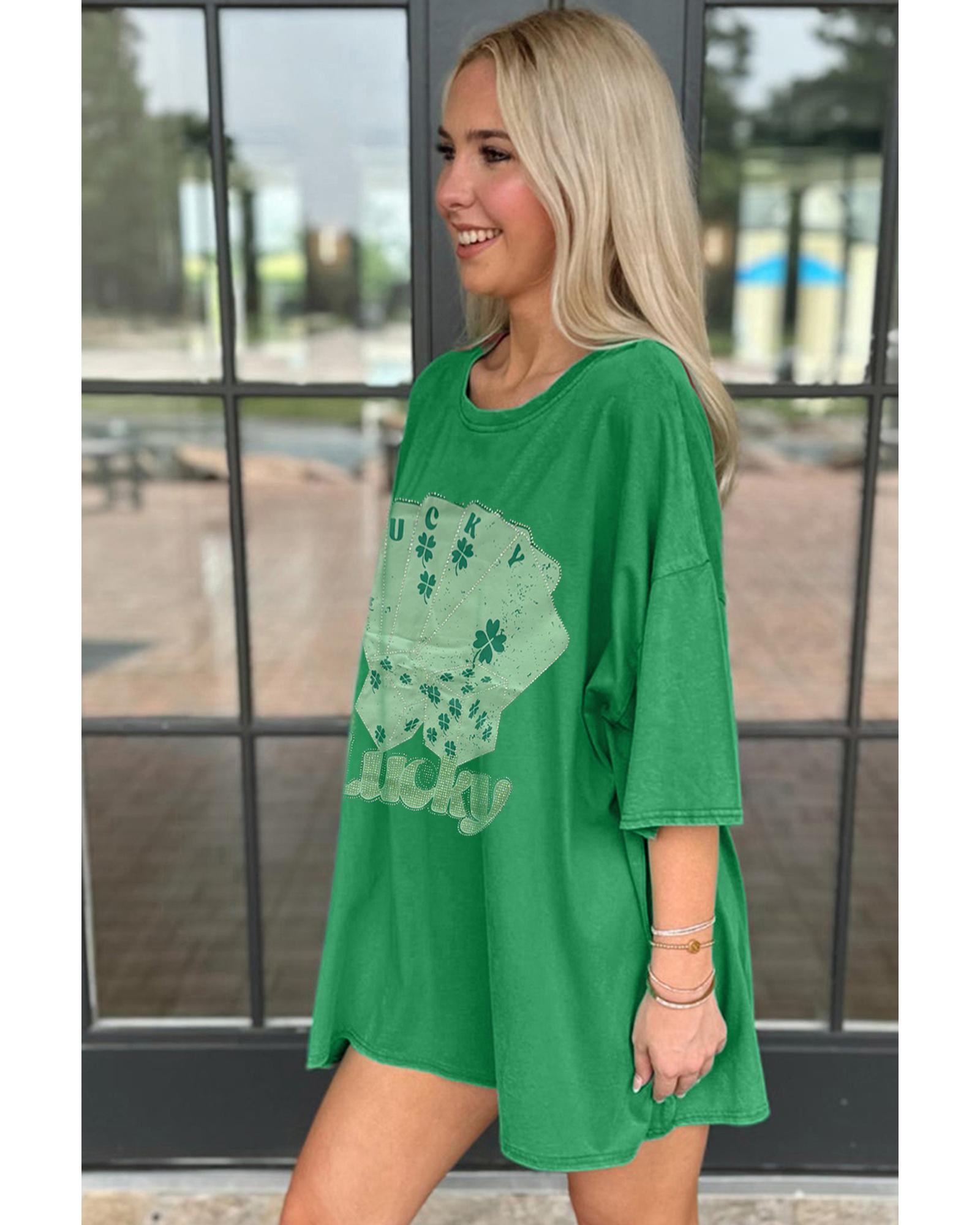 Bright Green Rhinestone Lucky Poker Cards Oversized T Shirt Mini Dress - XL 3