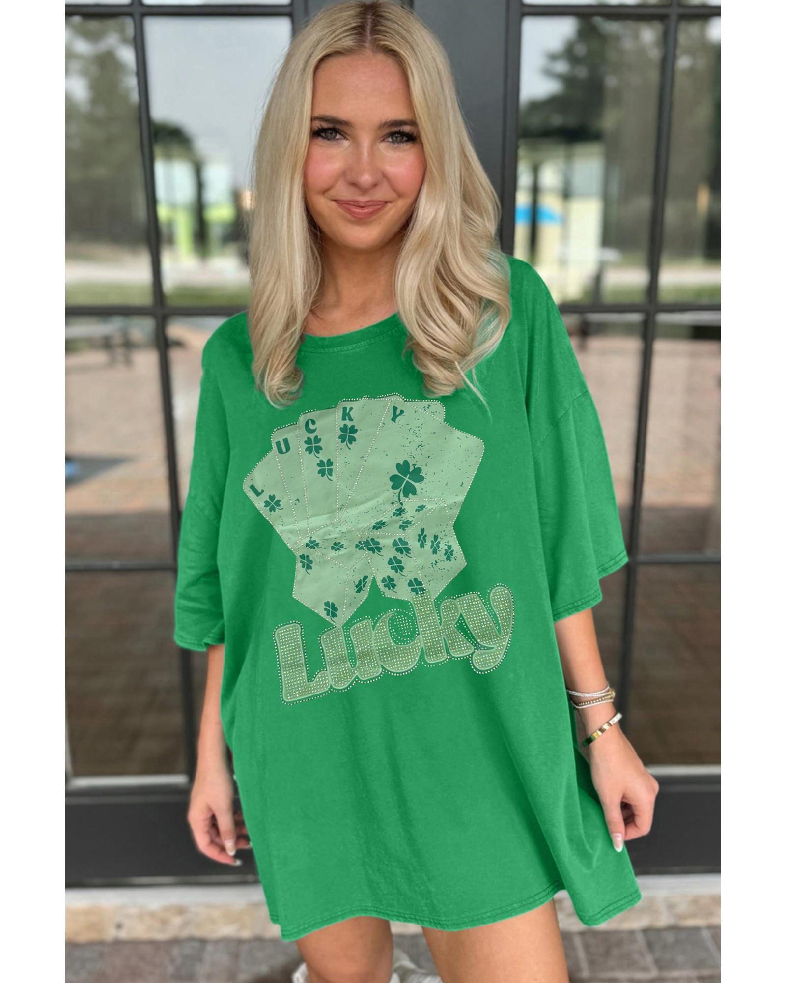 Bright Green Rhinestone Lucky Poker Cards Oversized T Shirt Mini Dress - XL 4