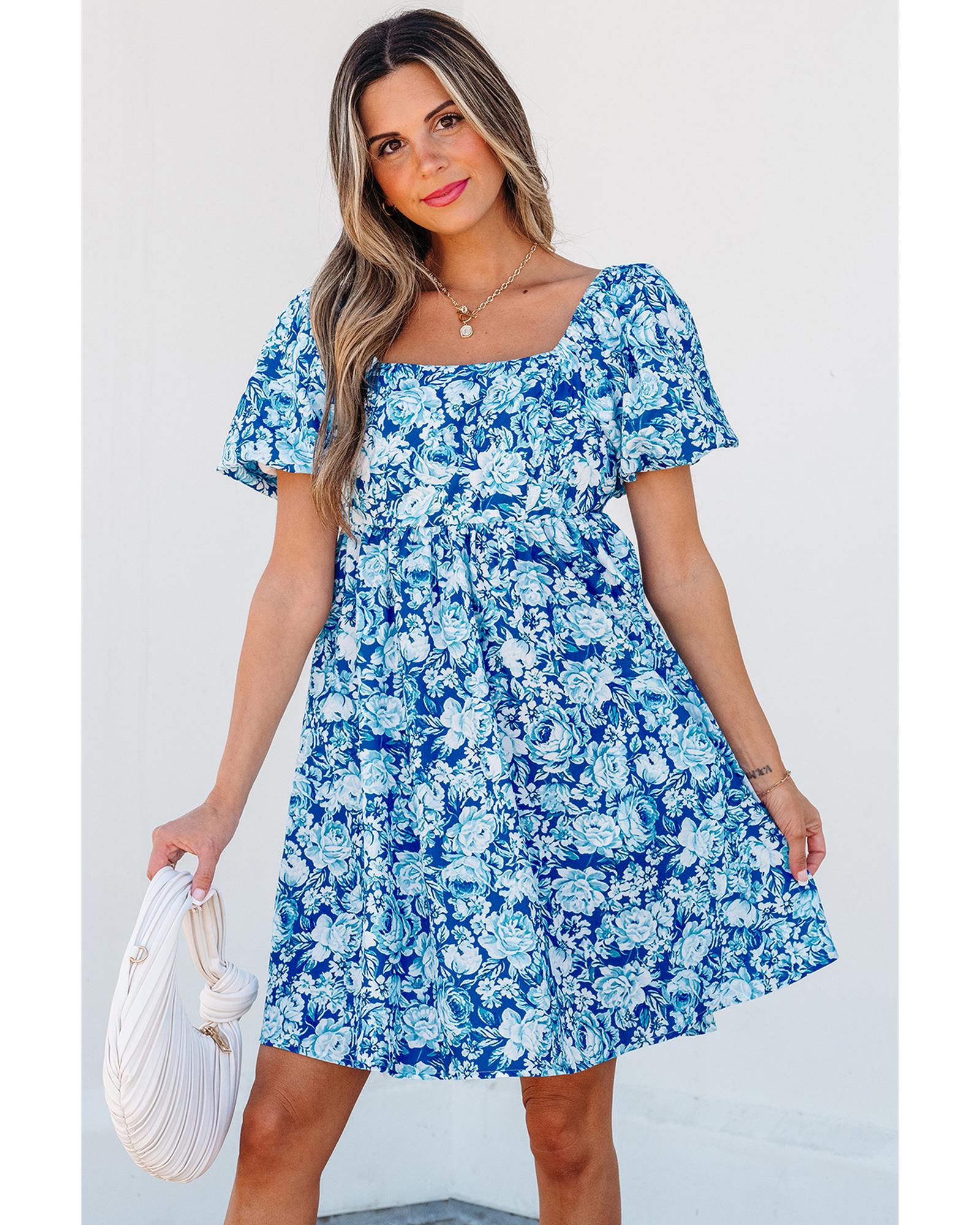 Blue Floral Puff Sleeve Babydoll Mini Dress - L