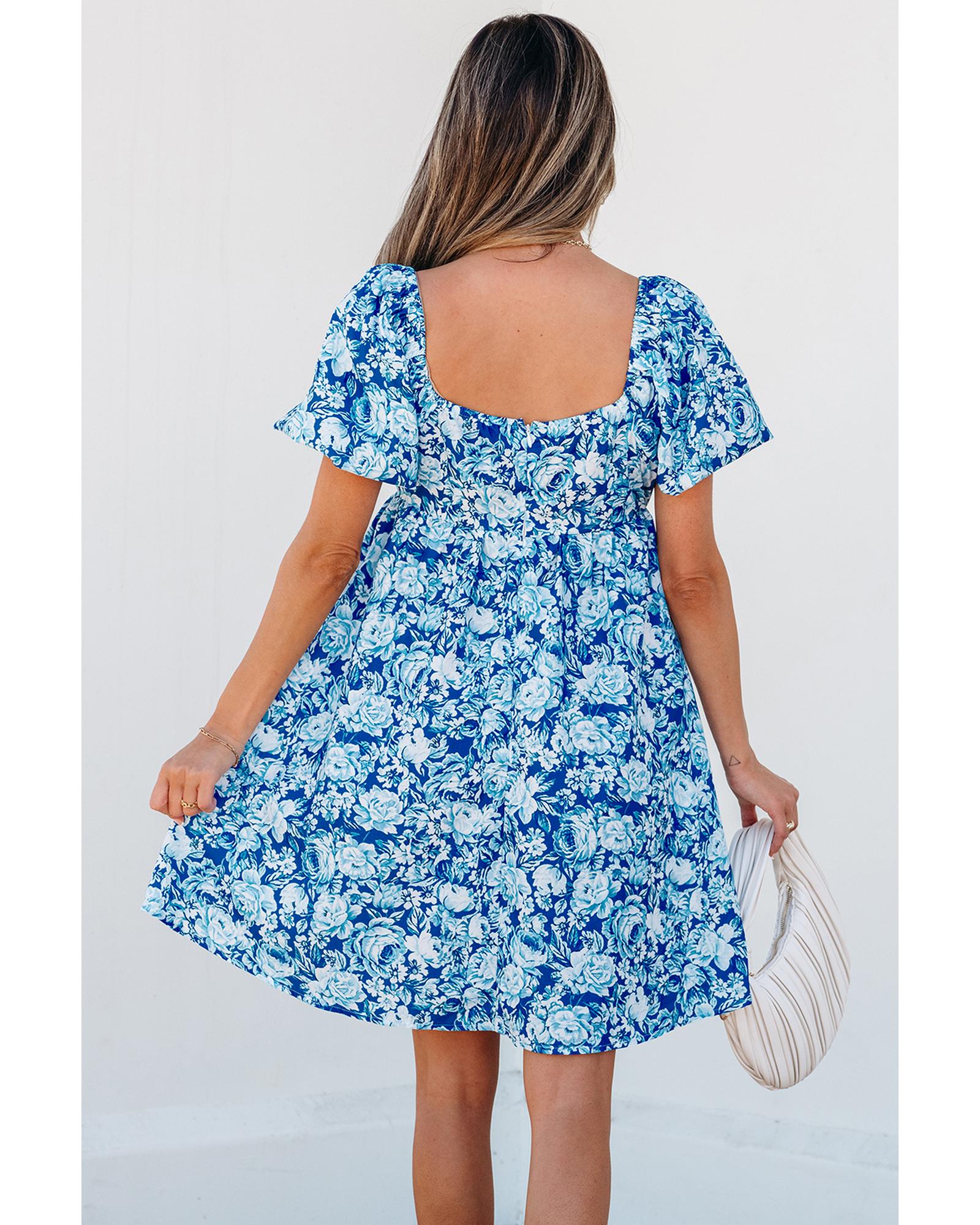Blue Floral Puff Sleeve Babydoll Mini Dress - L 6