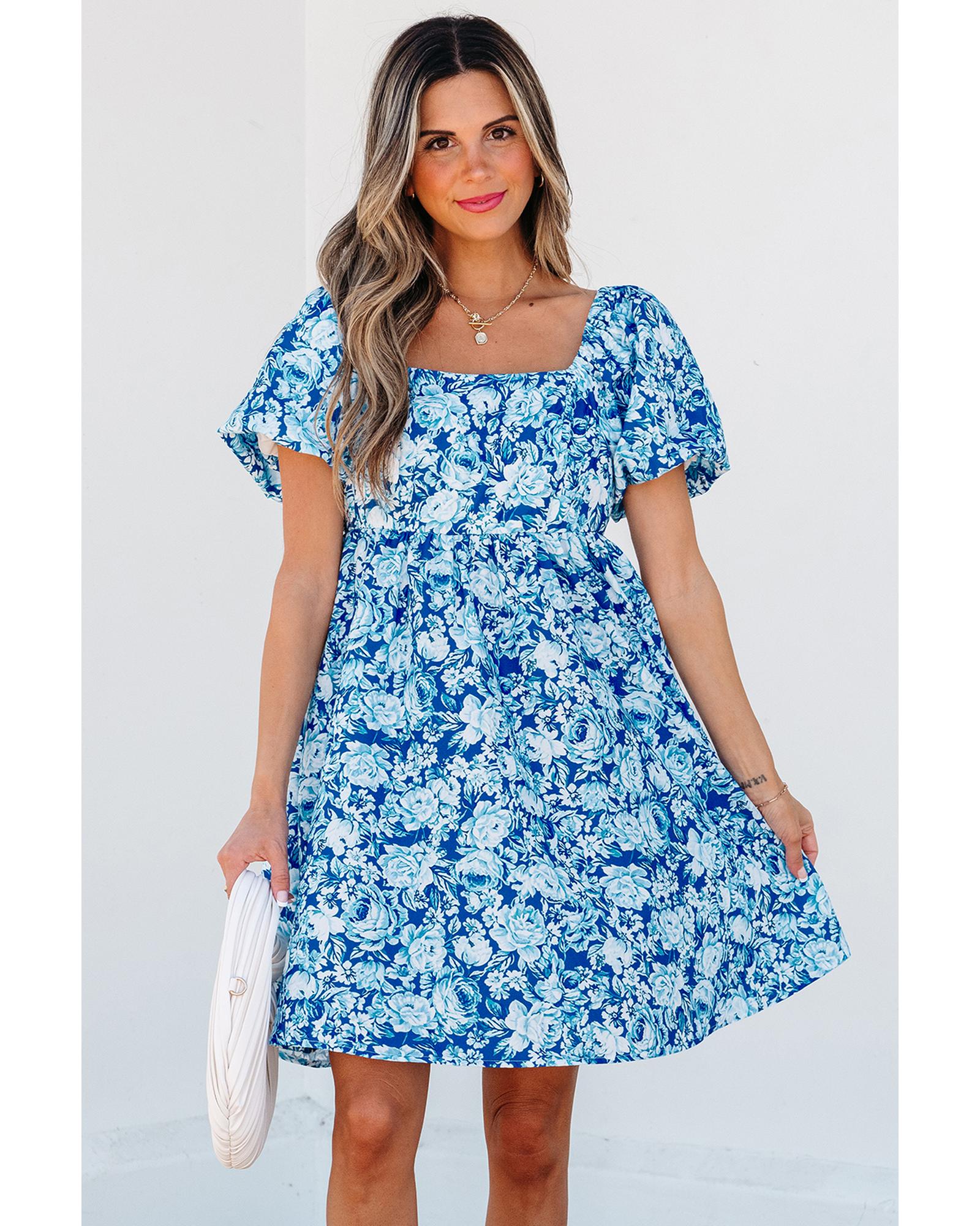 Blue Floral Puff Sleeve Babydoll Mini Dress - M