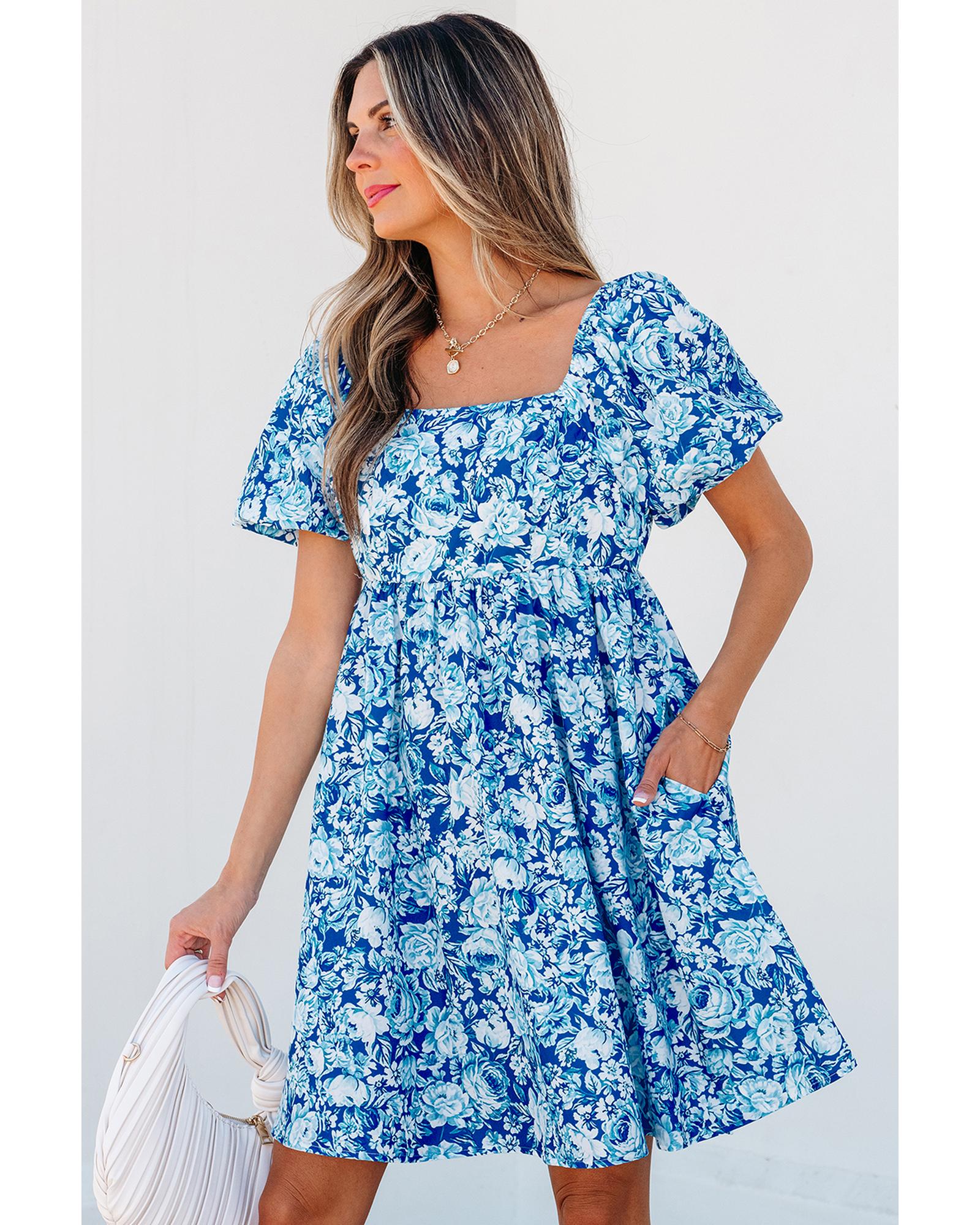 Blue Floral Puff Sleeve Babydoll Mini Dress - S 4