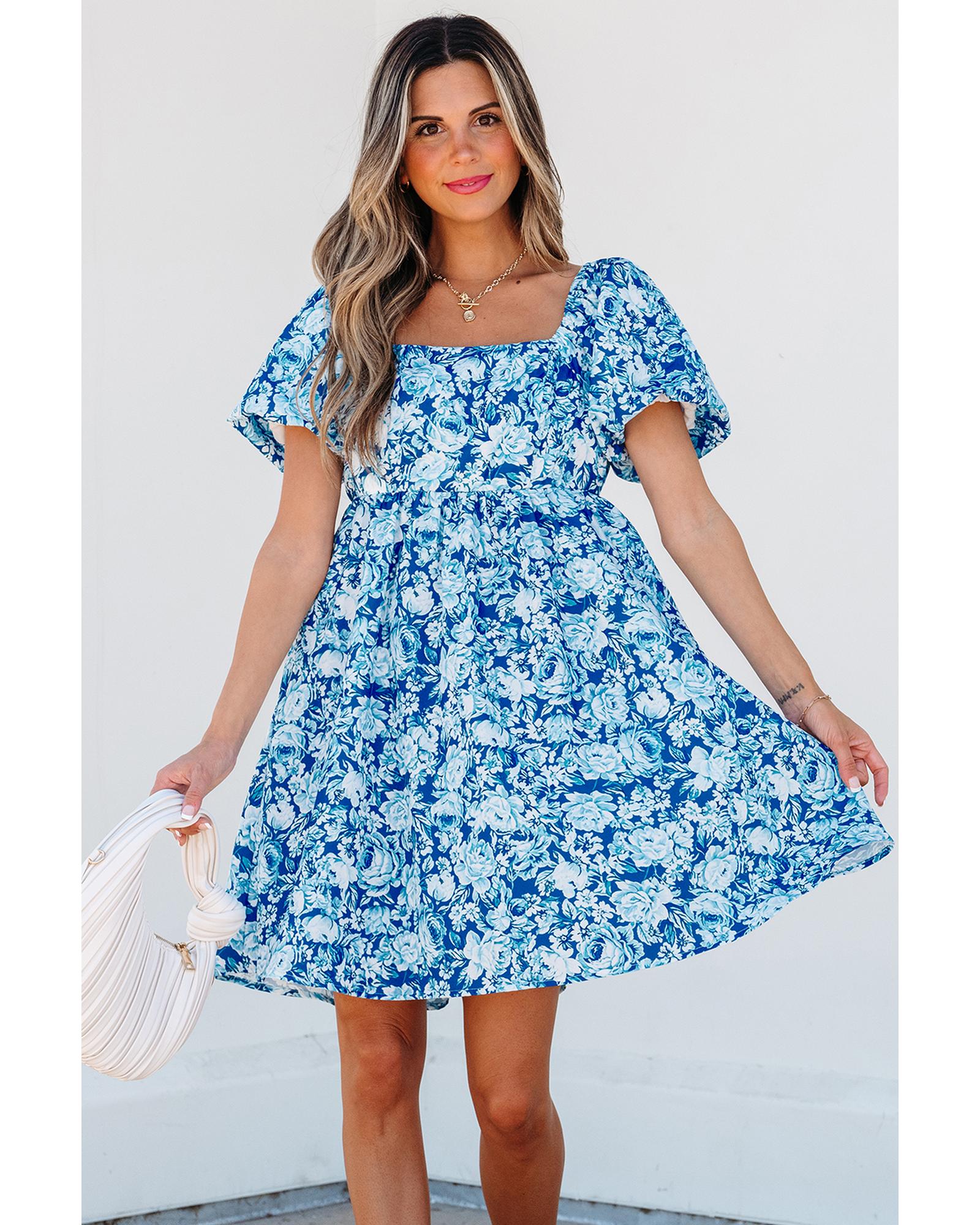 Blue Floral Puff Sleeve Babydoll Mini Dress - S 5