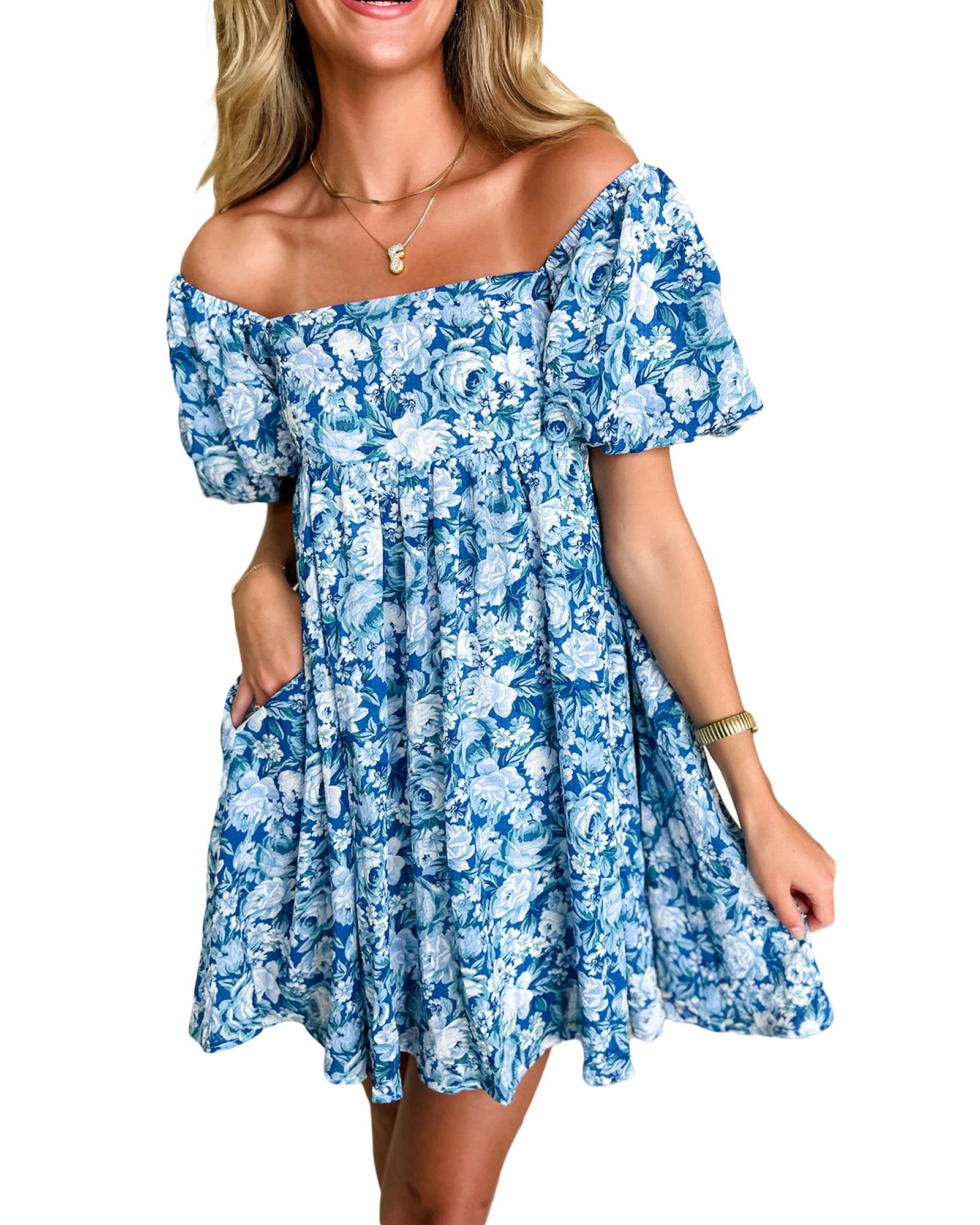 Blue Floral Puff Sleeve Babydoll Mini Dress - S 8