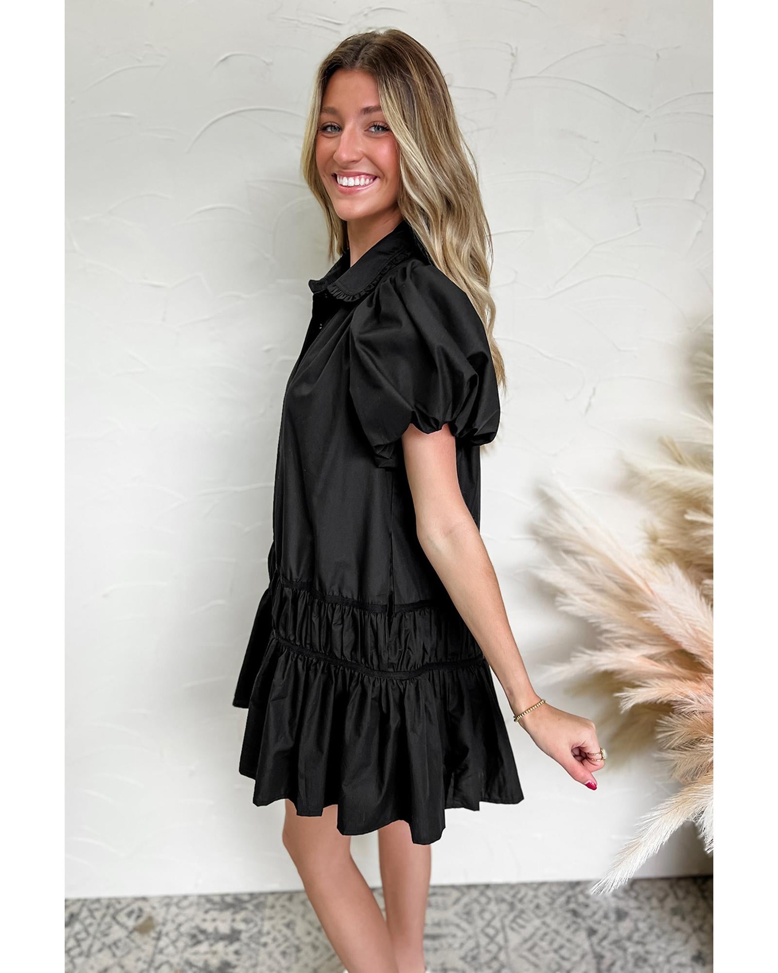 Black Shirt Style Button Down Puff Sleeve Ruffle Hem Dress - M 3