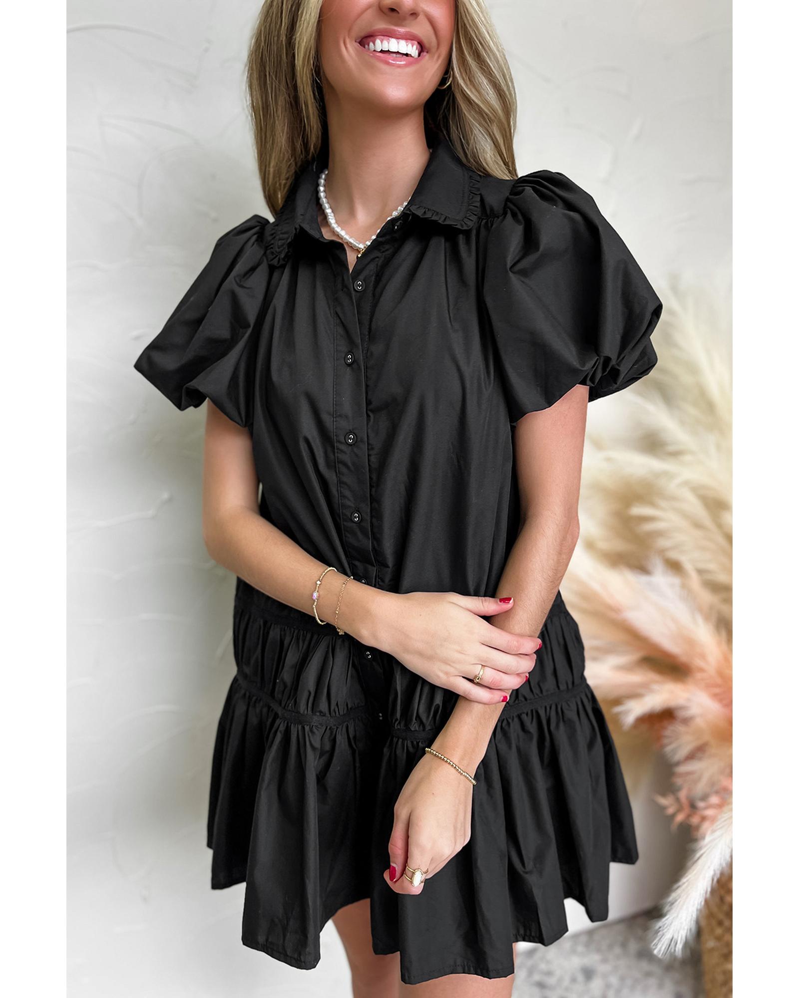 Black Shirt Style Button Down Puff Sleeve Ruffle Hem Dress - M 4