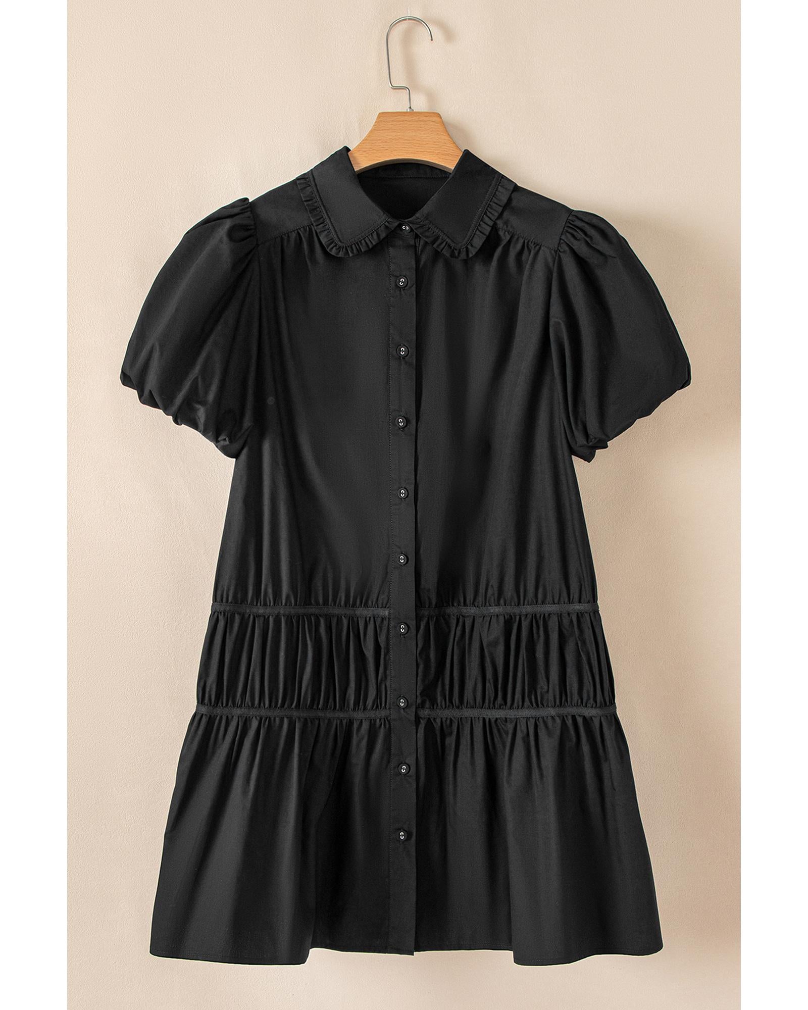 Black Shirt Style Button Down Puff Sleeve Ruffle Hem Dress - M 6