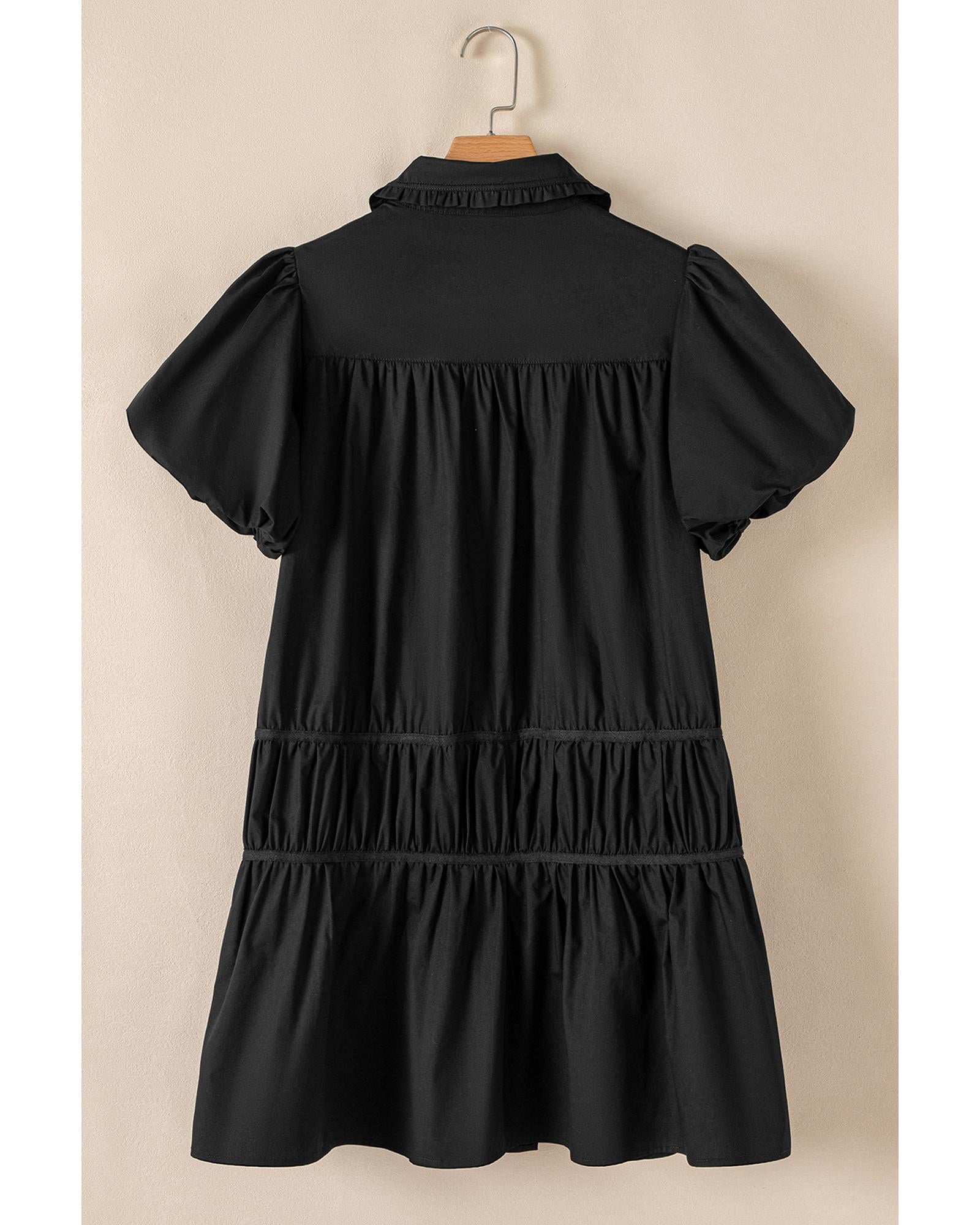 Black Shirt Style Button Down Puff Sleeve Ruffle Hem Dress - M 7