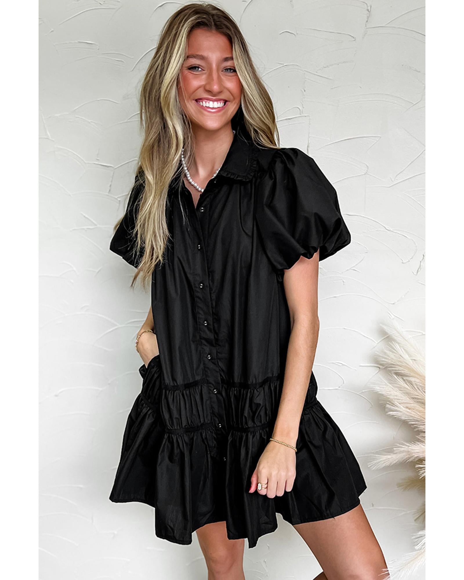 Black Shirt Style Button Down Puff Sleeve Ruffle Hem Dress - XL 5