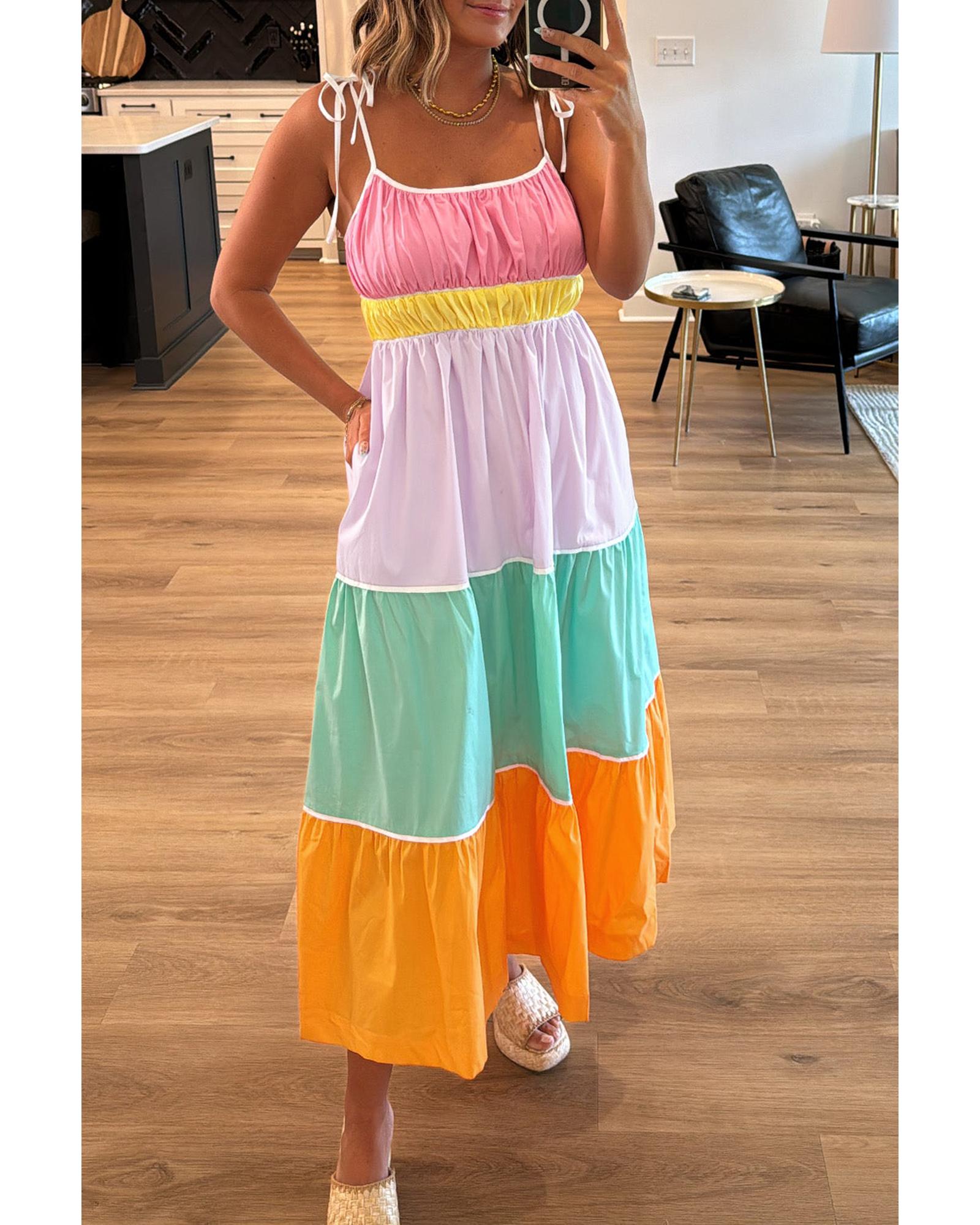 Multicolour Colorblock Self-tie Straps High Waist Flowy Maxi Dress with Pockets - L