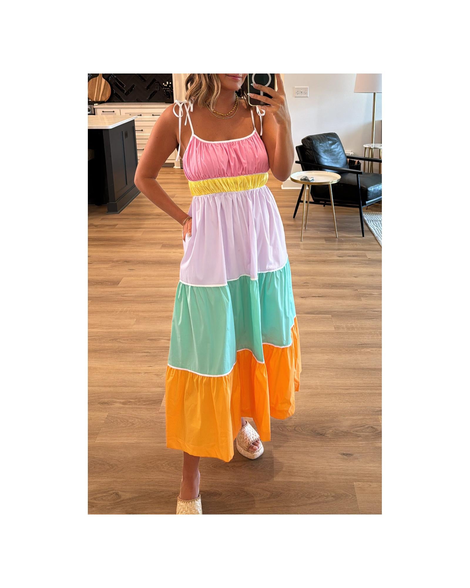 Multicolour Colorblock Self-tie Straps High Waist Flowy Maxi Dress with Pockets - M