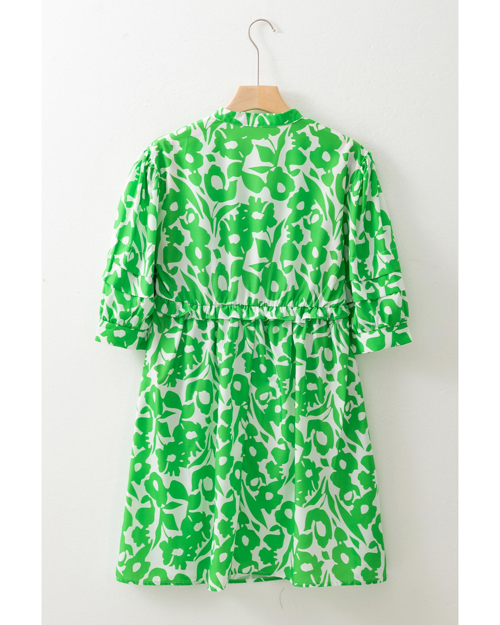 Green Floral Print Puff Half Sleeve V Neck Babydoll Dress - L 5