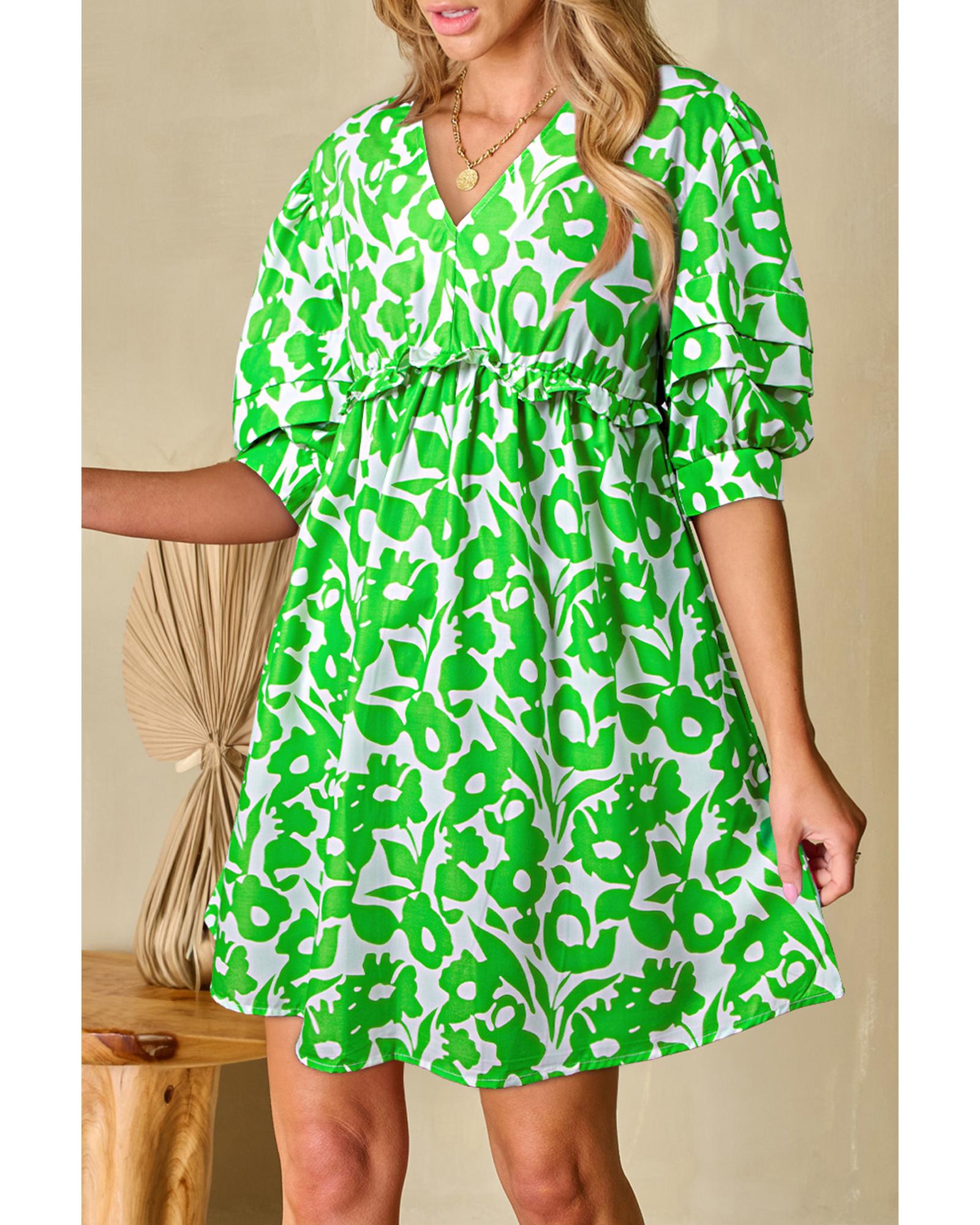 Green Floral Print Puff Half Sleeve V Neck Babydoll Dress - M 5