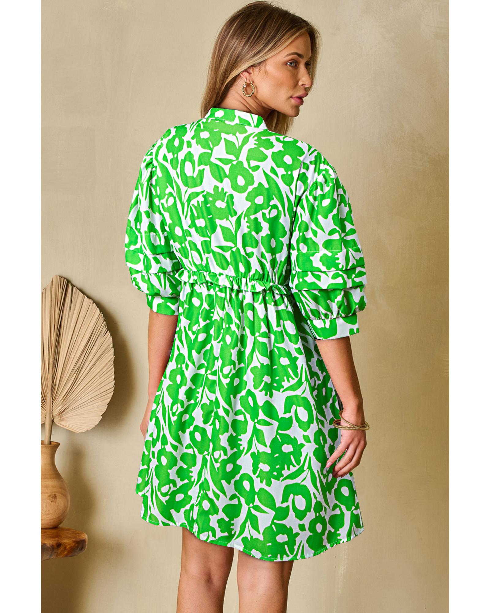 Green Floral Print Puff Half Sleeve V Neck Babydoll Dress - M 6