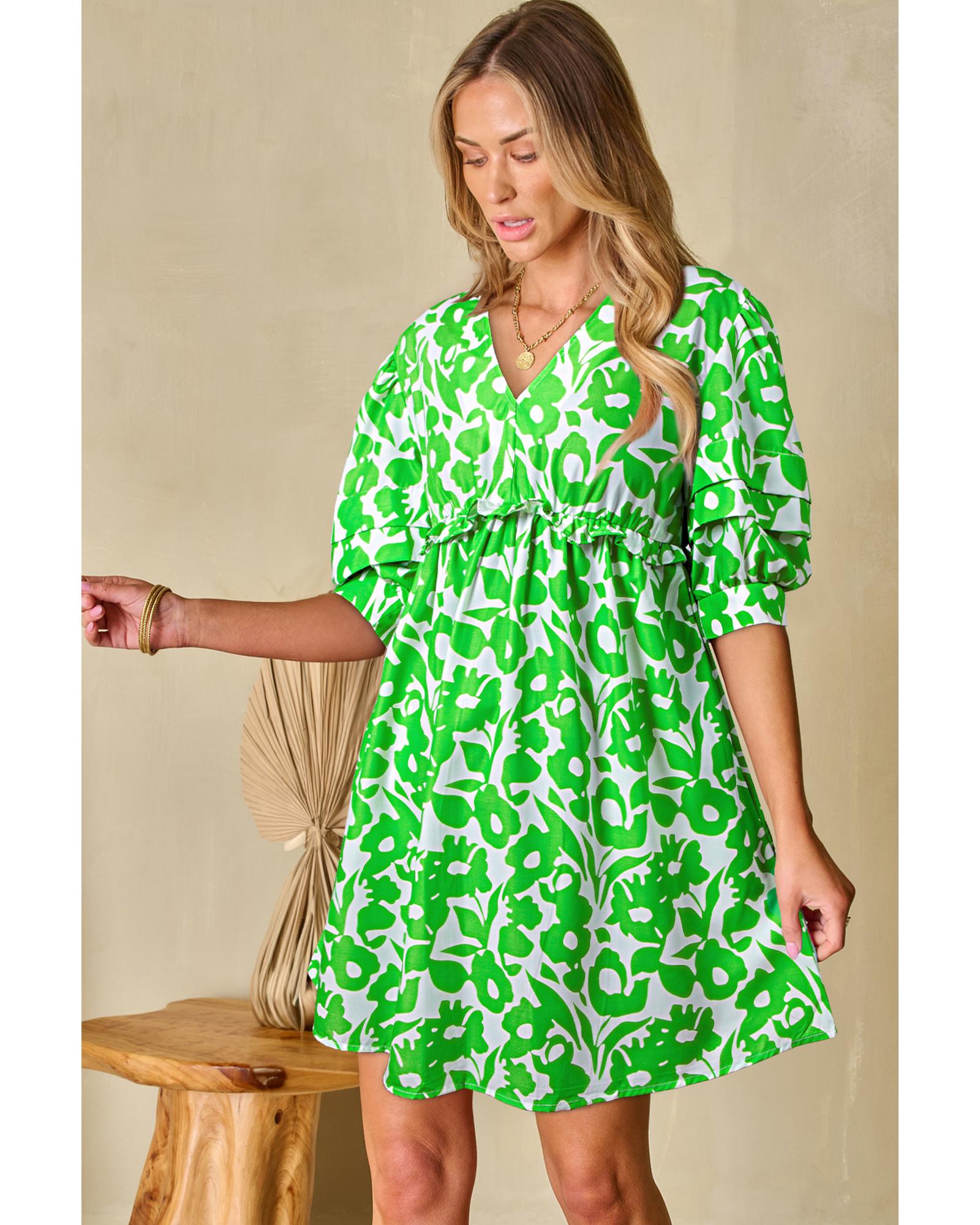 Green Floral Print Puff Half Sleeve V Neck Babydoll Dress - XL