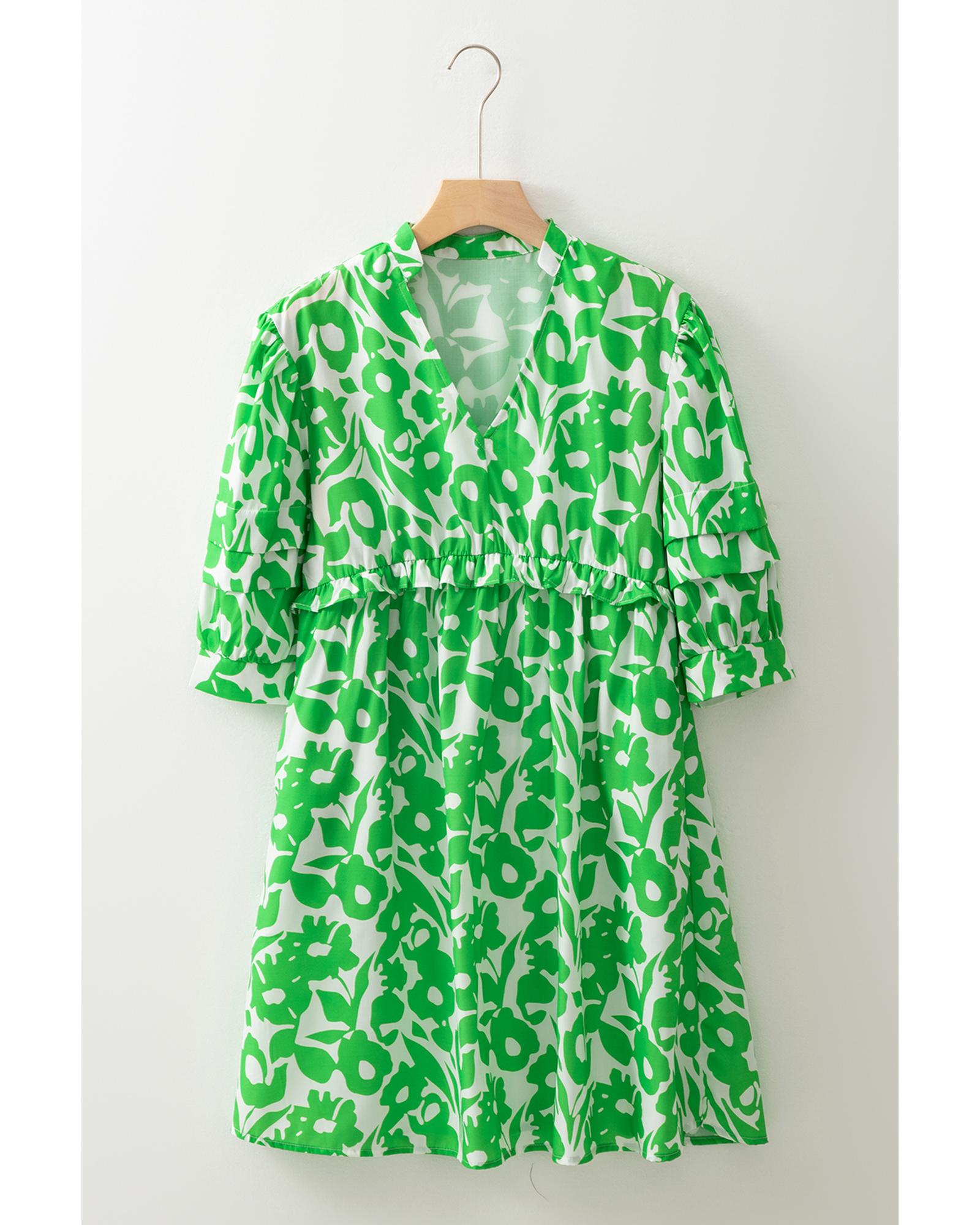 Green Floral Print Puff Half Sleeve V Neck Babydoll Dress - XL