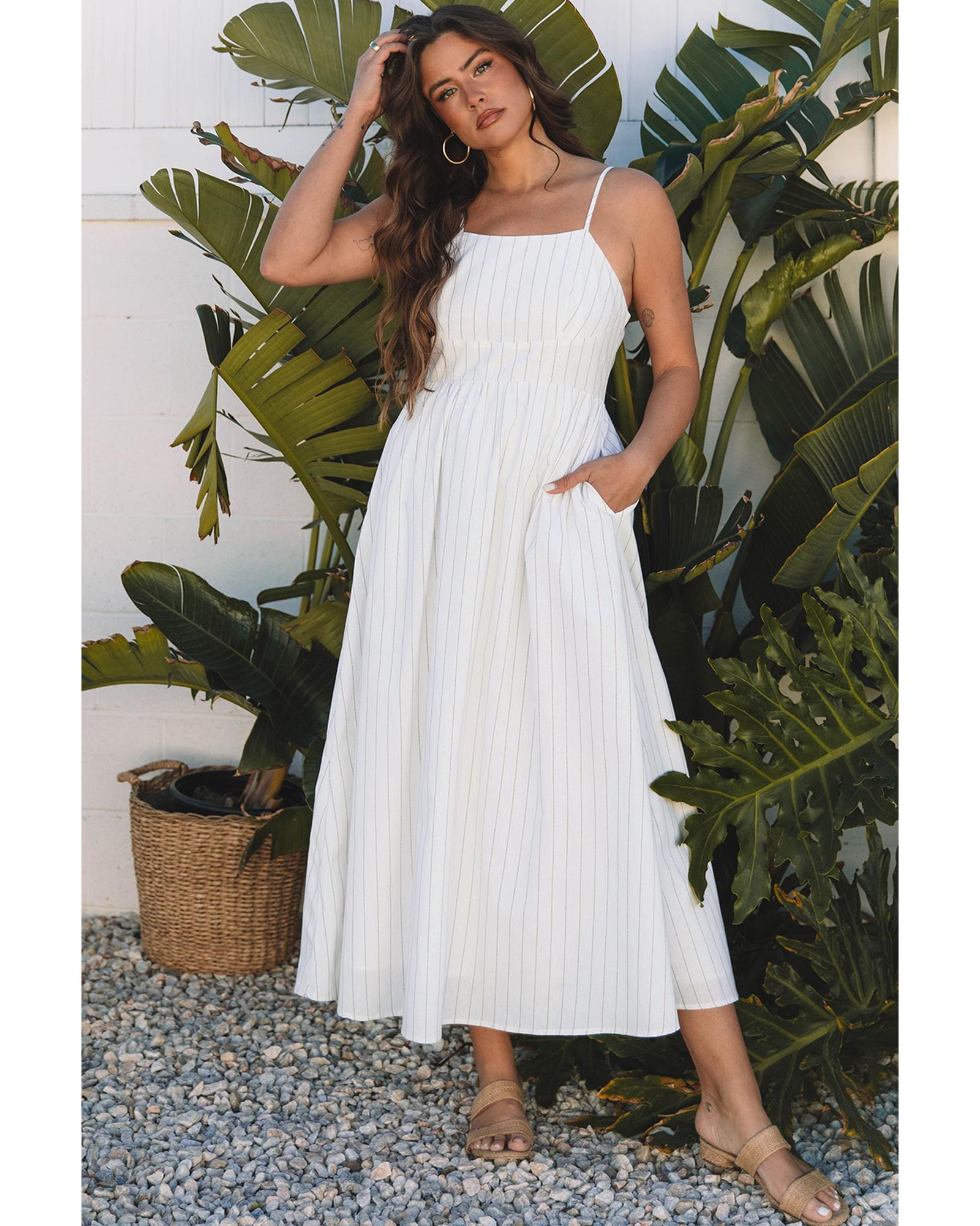 Beige Stripe Spaghetti Strap Pocketed High Waist Maxi Dress - XL