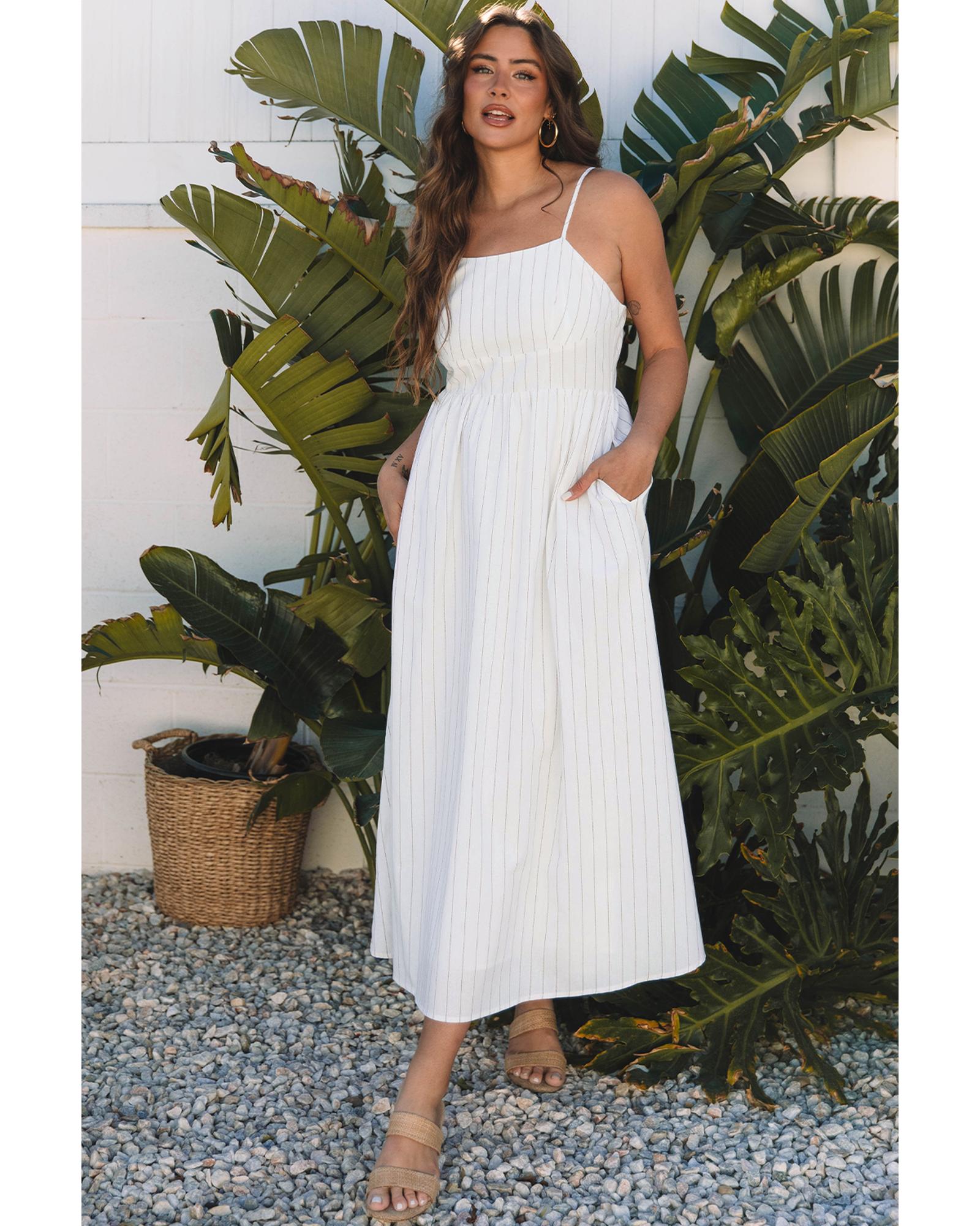 Beige Stripe Spaghetti Strap Pocketed High Waist Maxi Dress - XL 5