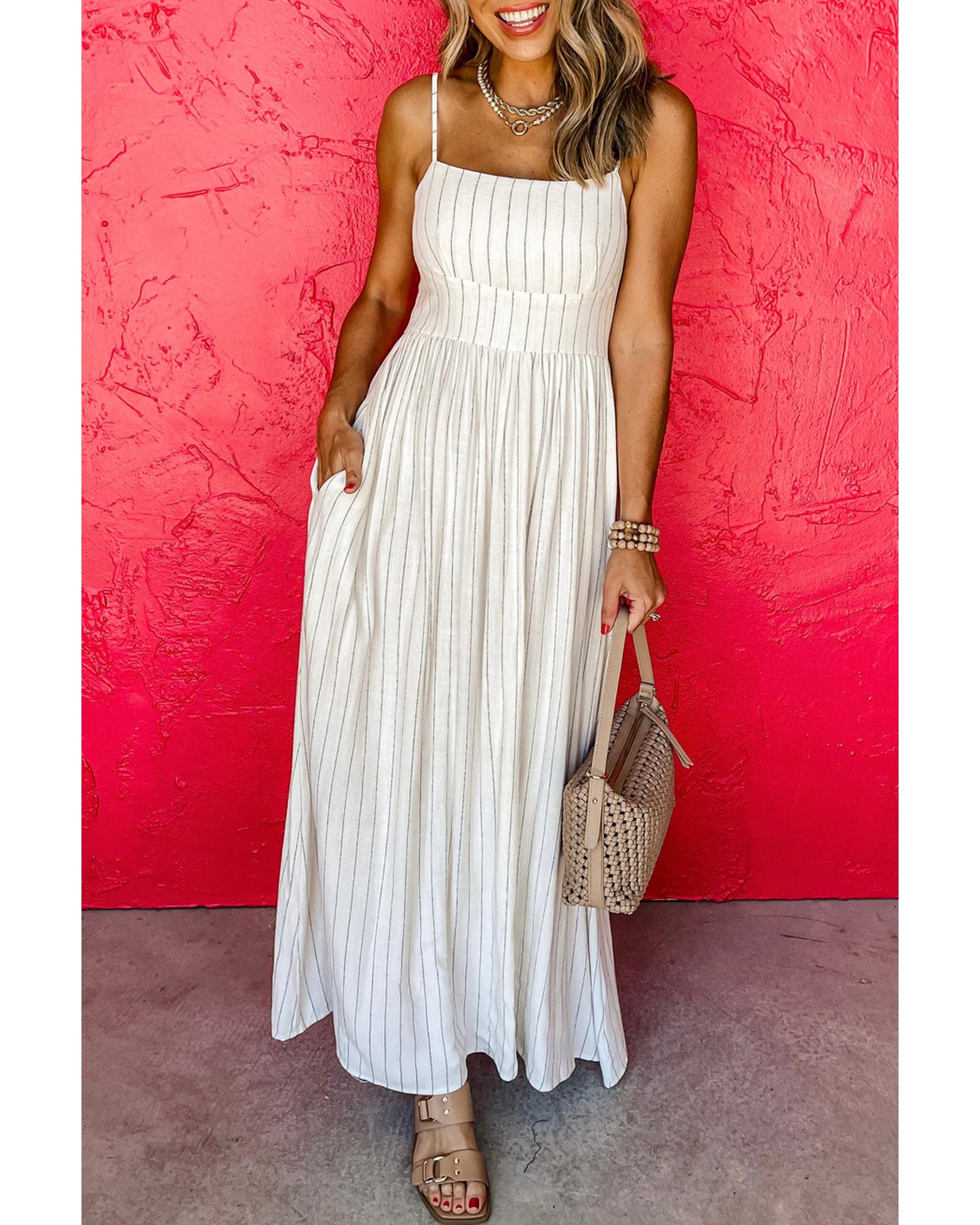 Beige Stripe Spaghetti Strap Pocketed High Waist Maxi Dress - XL 7