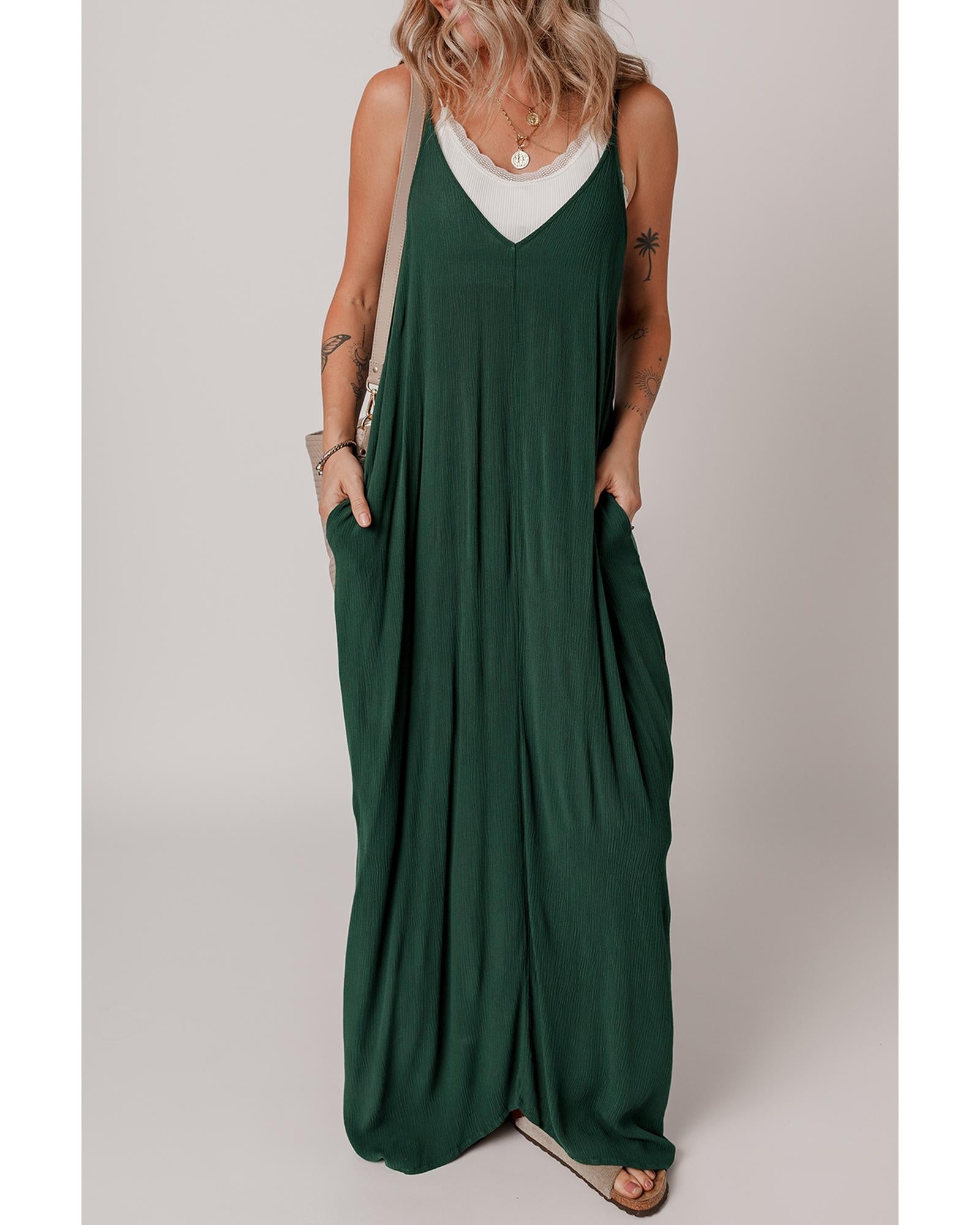 Duffel Green Spaghetti Straps Pocketed Slouchy Maxi Dress - L 3