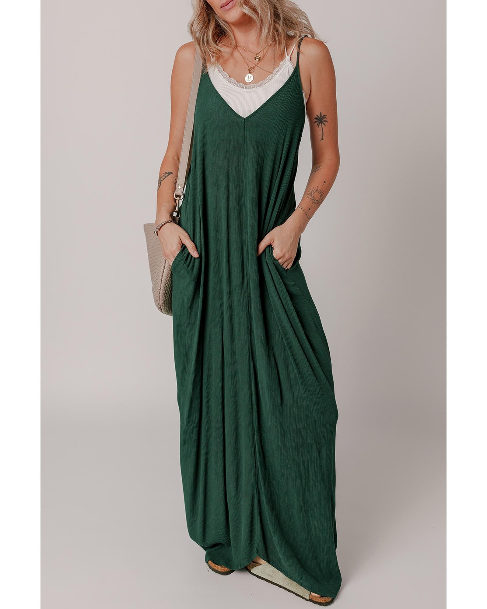 Duffel Green Spaghetti Straps Pocketed Slouchy Maxi Dress - S