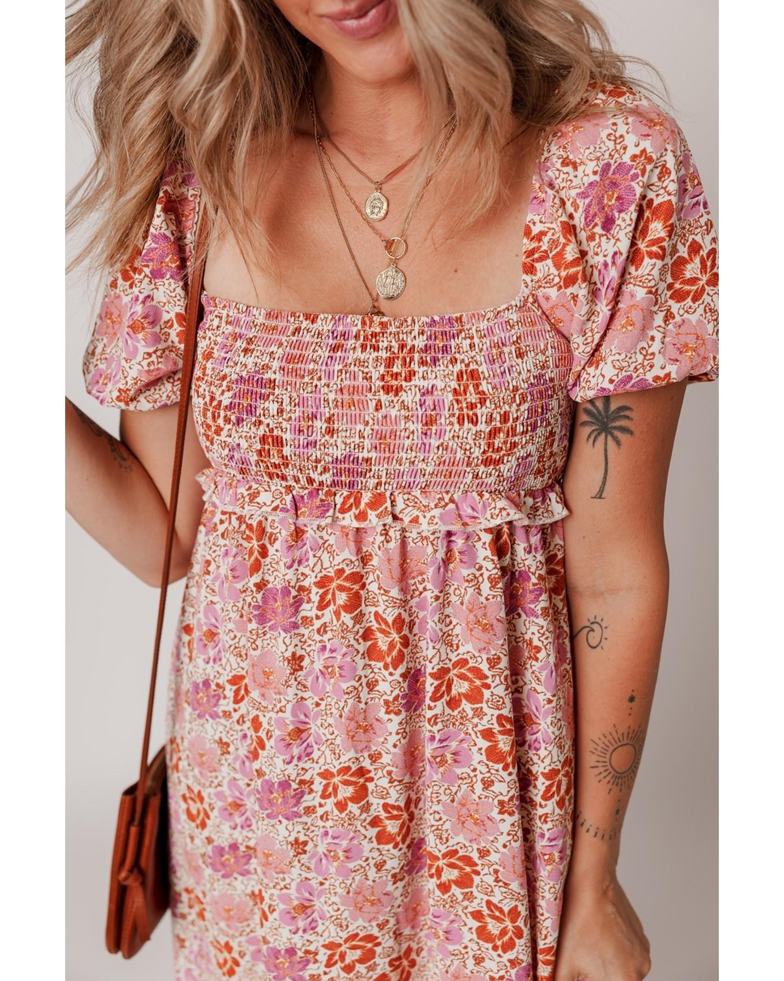 Pink Floral Square Neck Knotted Ruffle Midi Dress - M 6