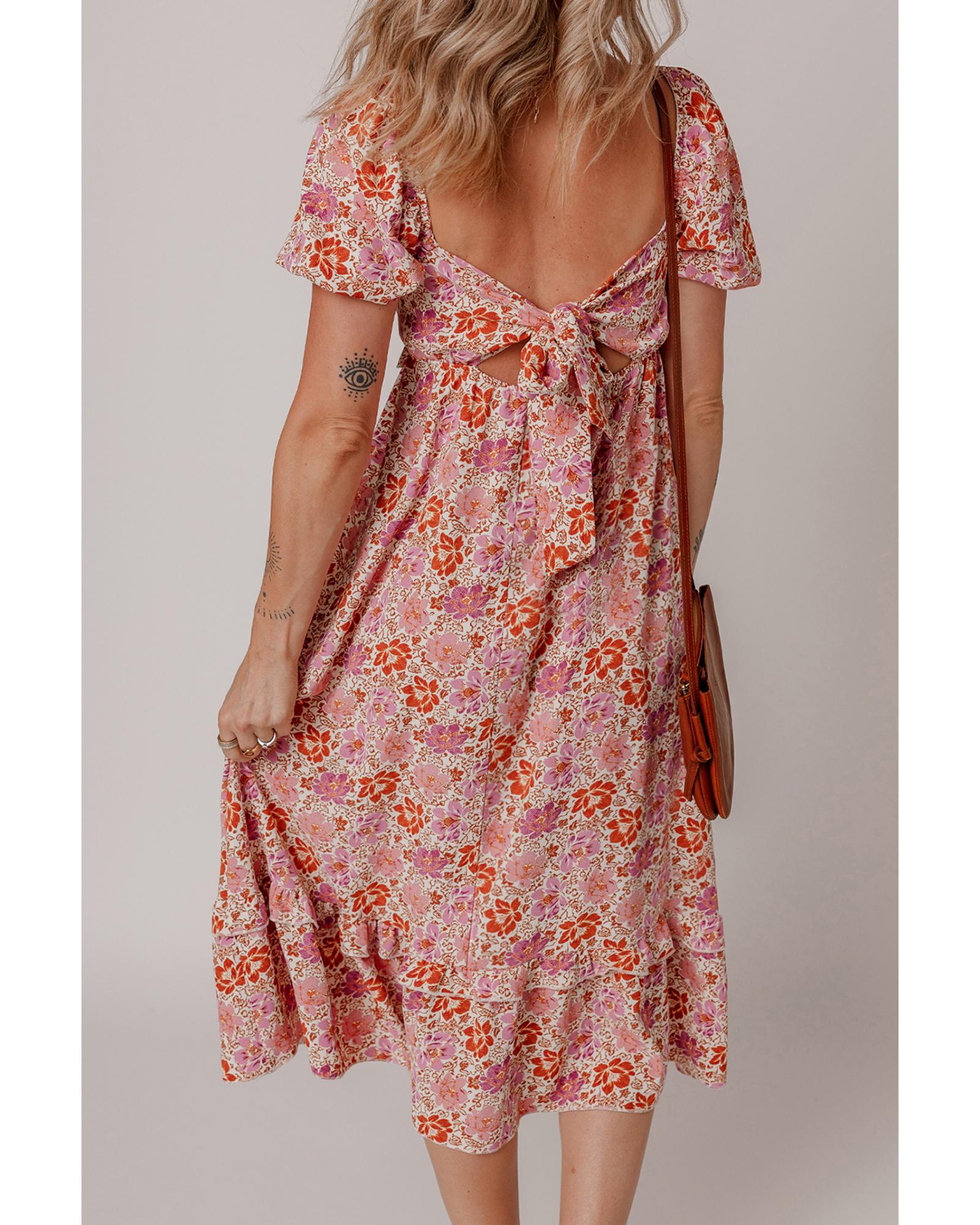 Pink Floral Square Neck Knotted Ruffle Midi Dress - S