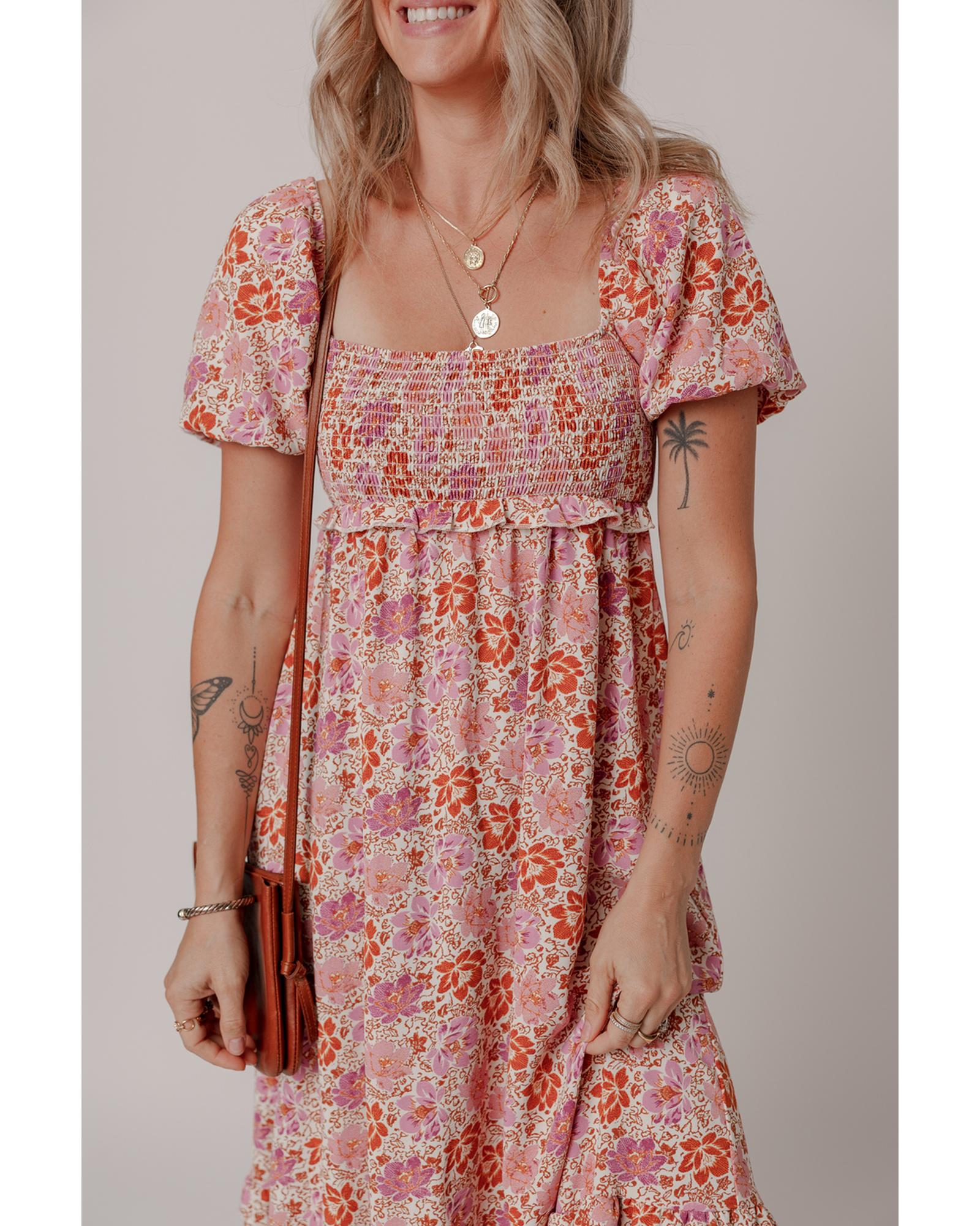 Pink Floral Square Neck Knotted Ruffle Midi Dress - S 3