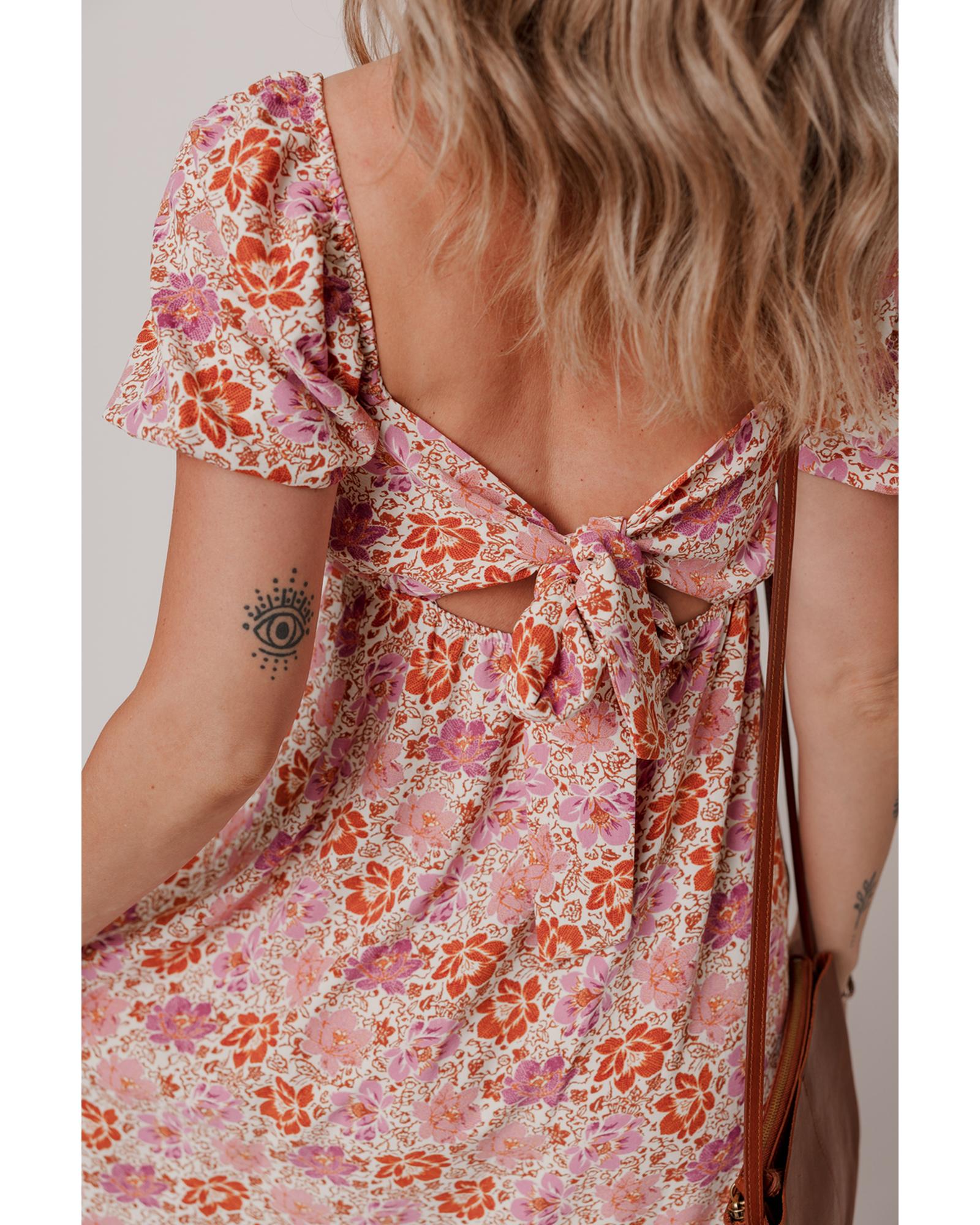 Pink Floral Square Neck Knotted Ruffle Midi Dress - S 5