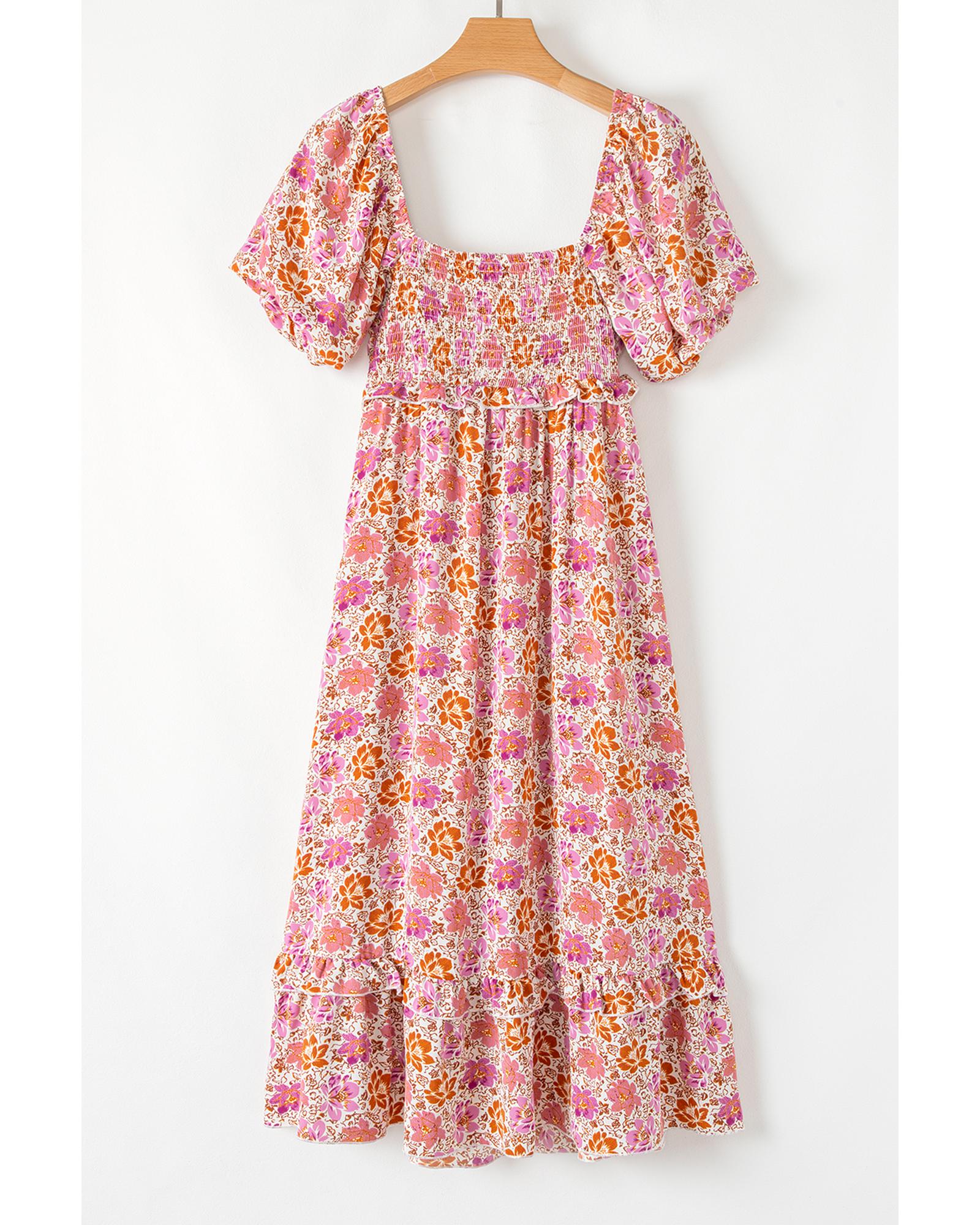 Pink Floral Square Neck Knotted Ruffle Midi Dress - S 7