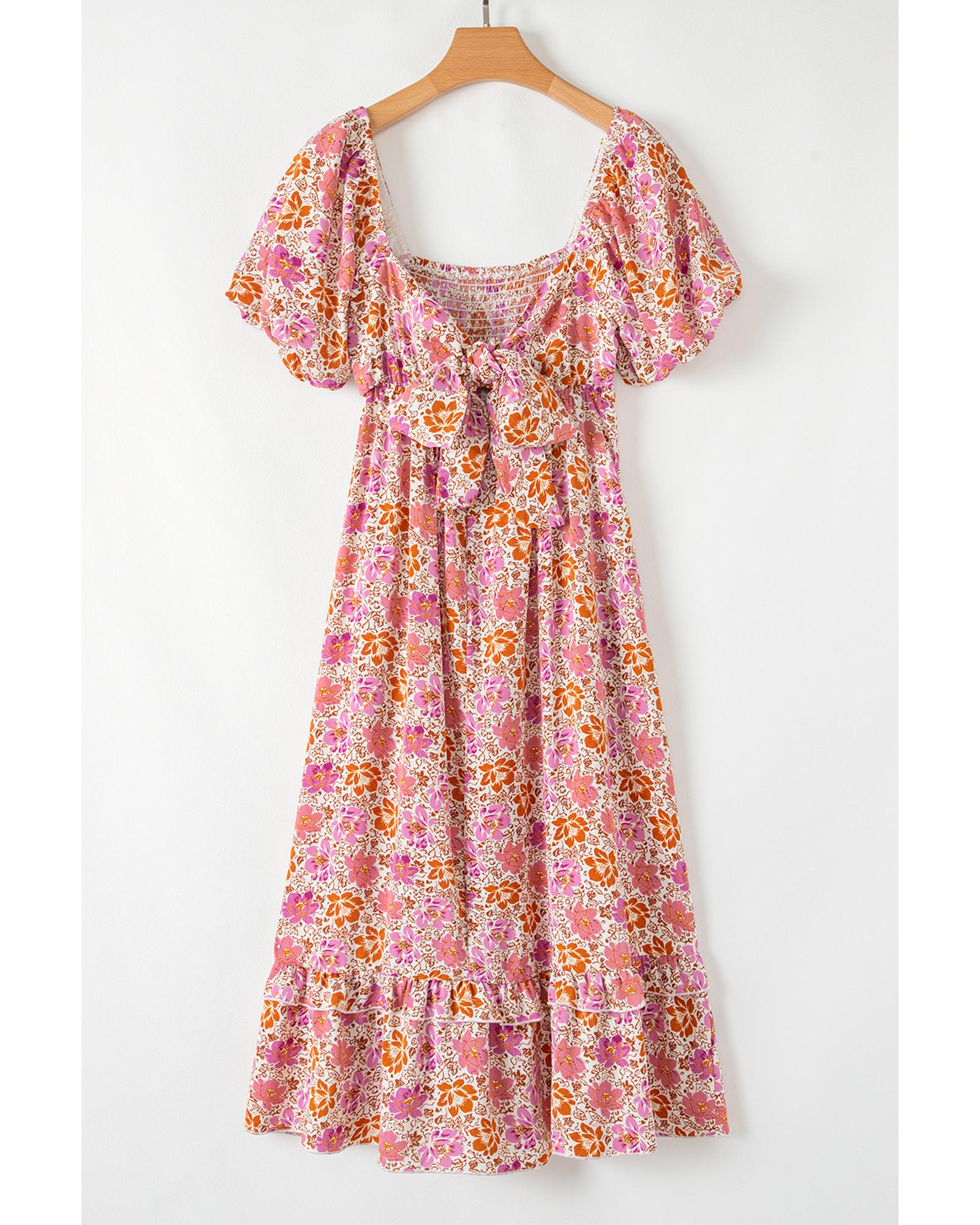 Pink Floral Square Neck Knotted Ruffle Midi Dress - S 8