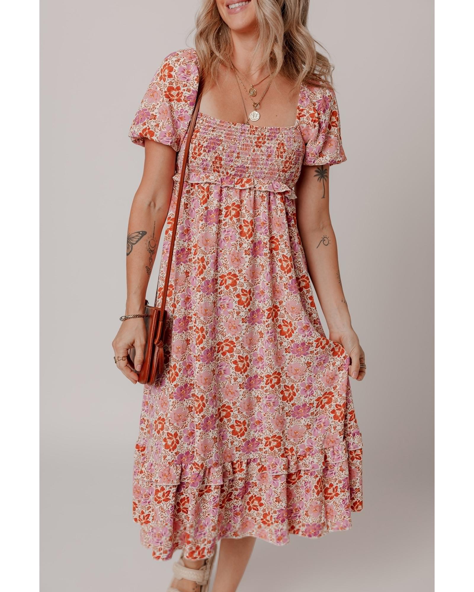Pink Floral Square Neck Knotted Ruffle Midi Dress - XL