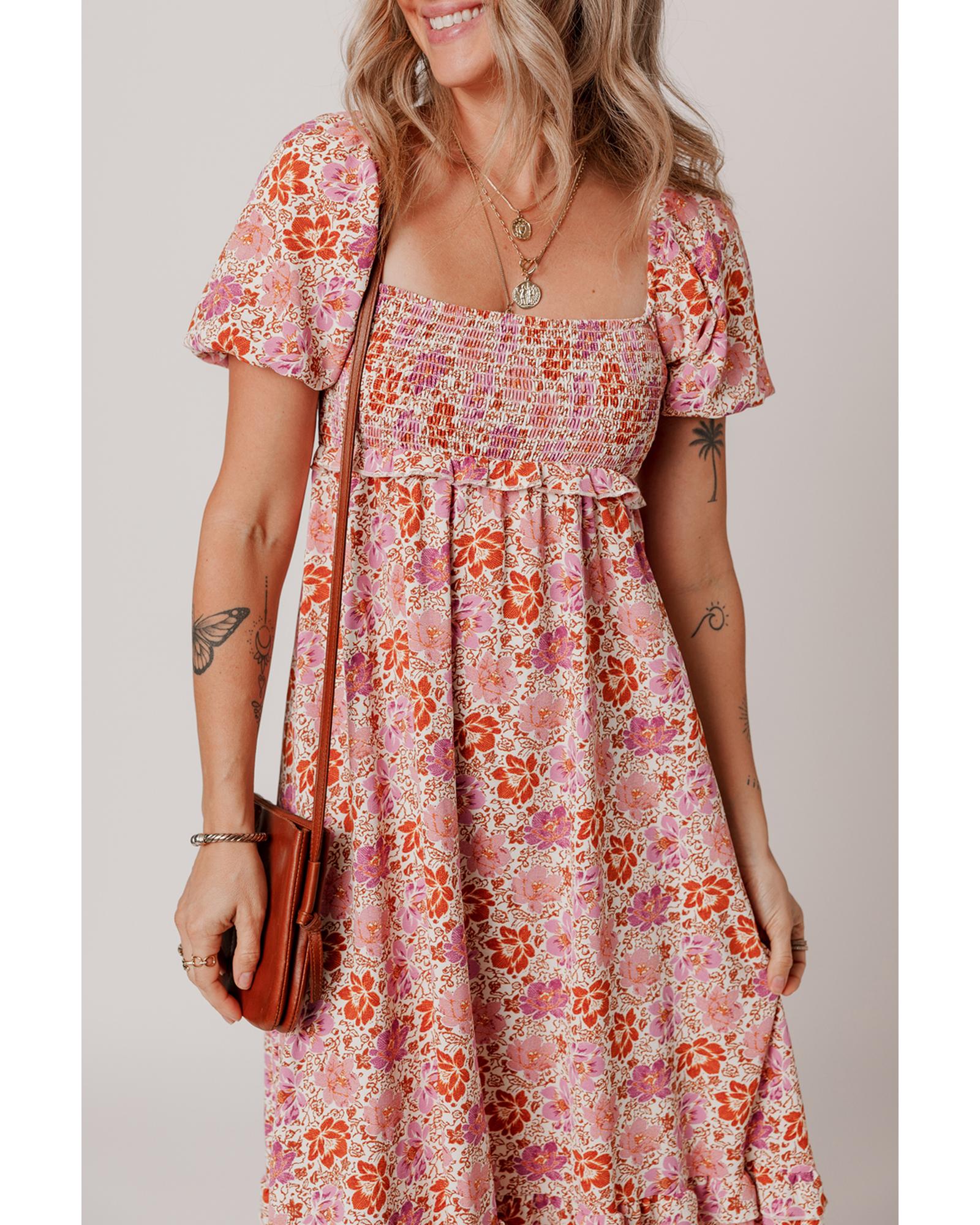 Pink Floral Square Neck Knotted Ruffle Midi Dress - XL 4