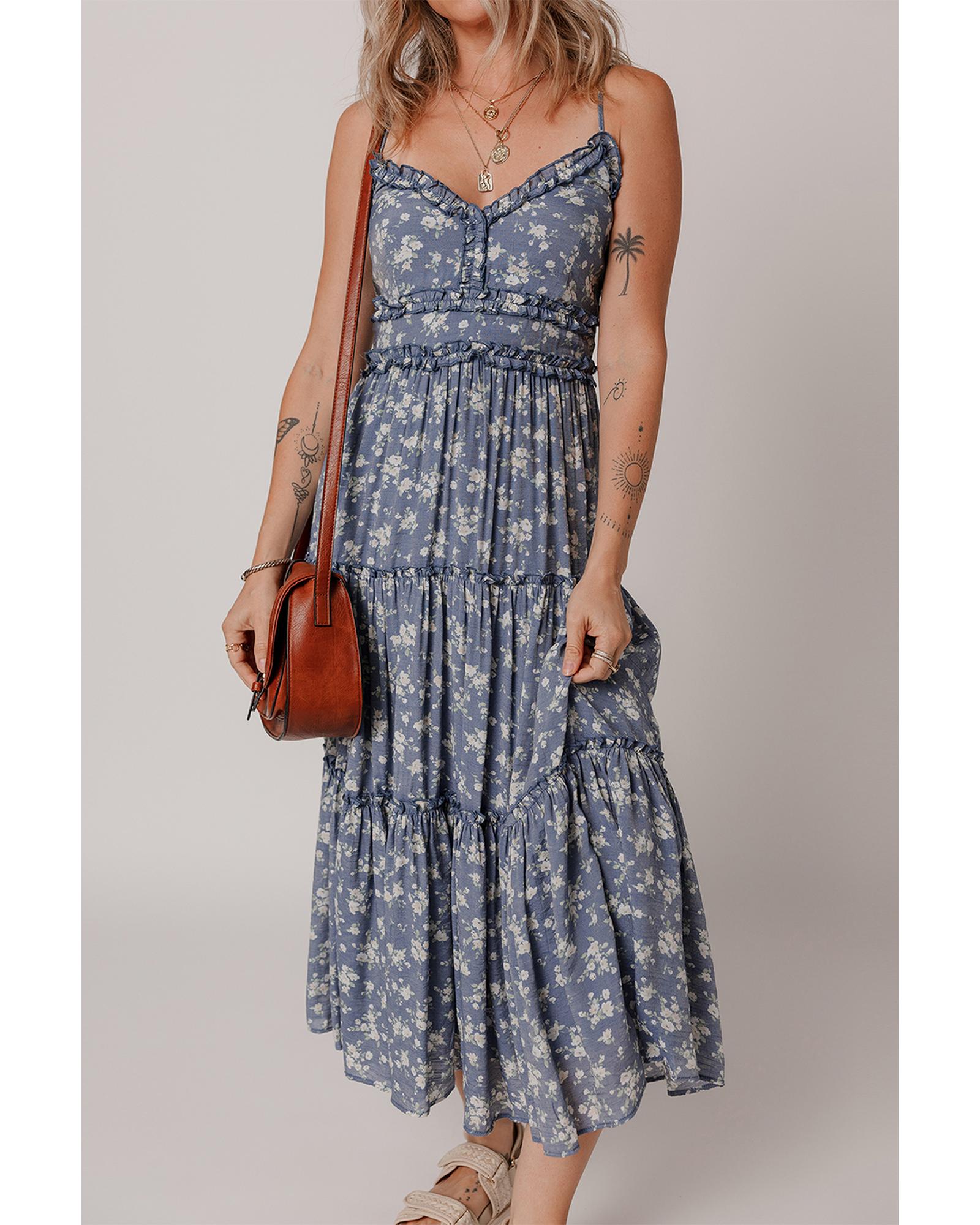 Blue Floral Spaghetti Strap Frilled V Neck Tiered Midi Dress - M