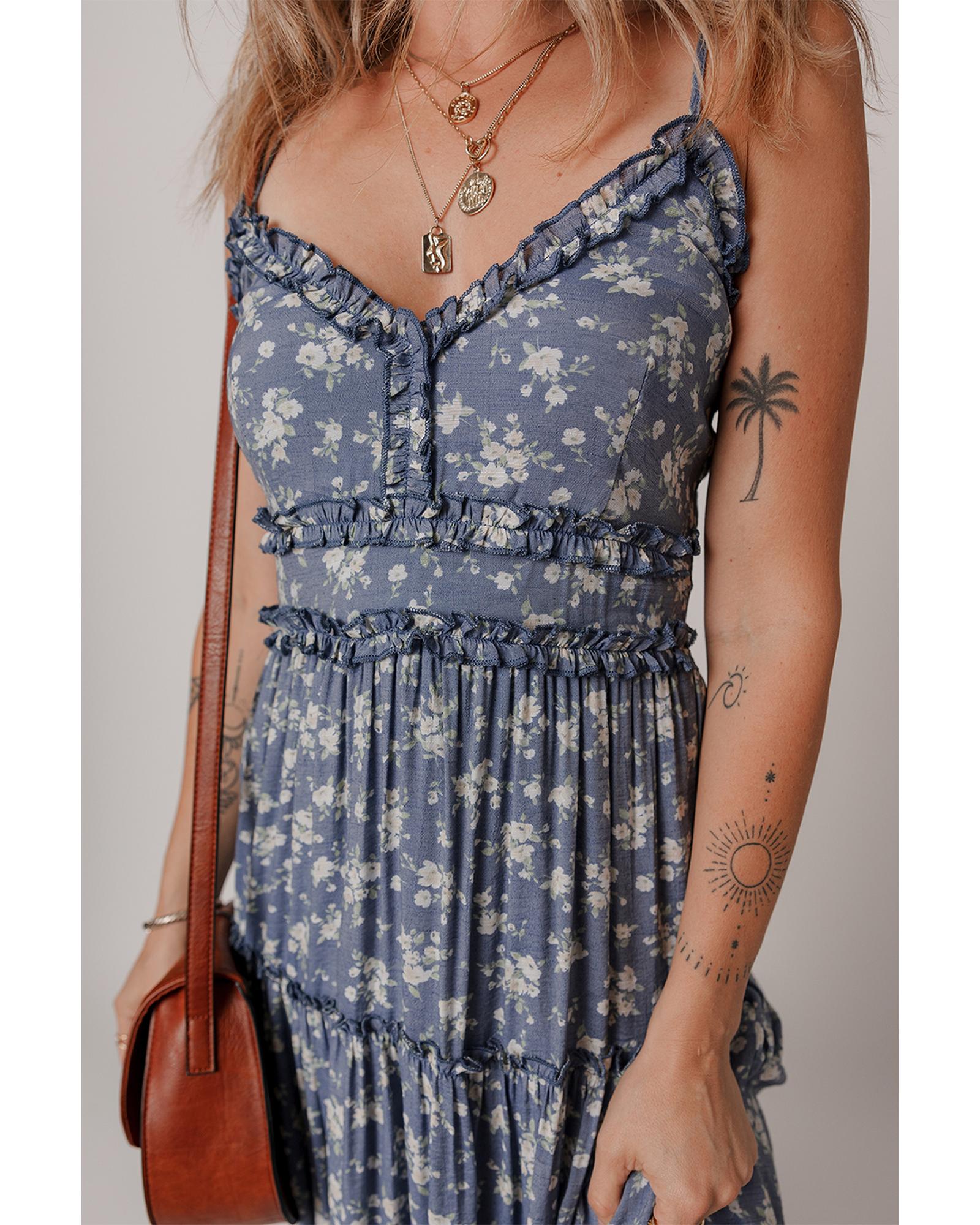 Blue Floral Spaghetti Strap Frilled V Neck Tiered Midi Dress - S 4