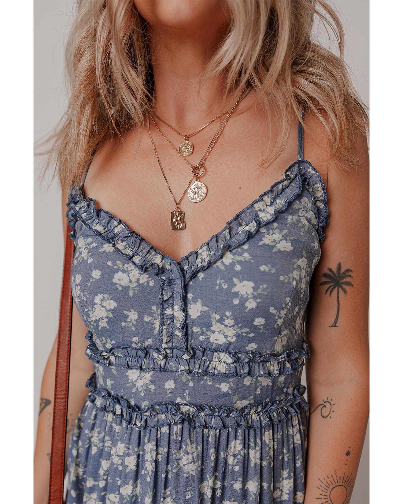 Blue Floral Spaghetti Strap Frilled V Neck Tiered Midi Dress - S 5