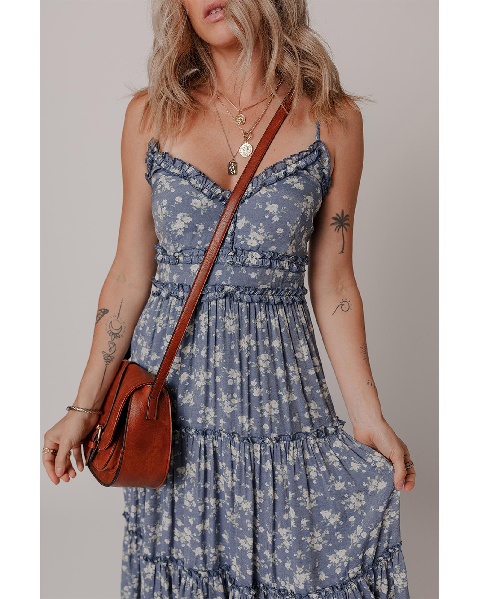 Blue Floral Spaghetti Strap Frilled V Neck Tiered Midi Dress - S 6