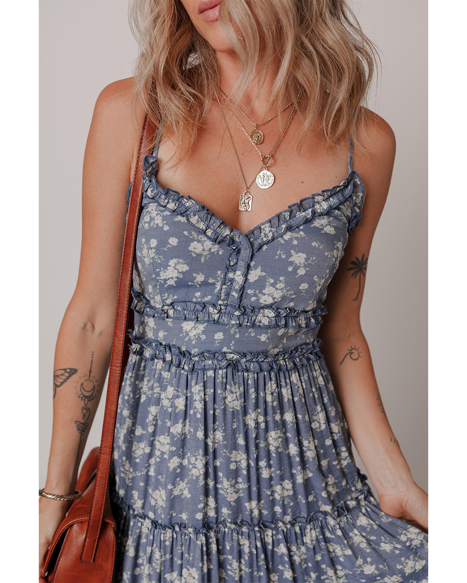 Blue Floral Spaghetti Strap Frilled V Neck Tiered Midi Dress - S 7