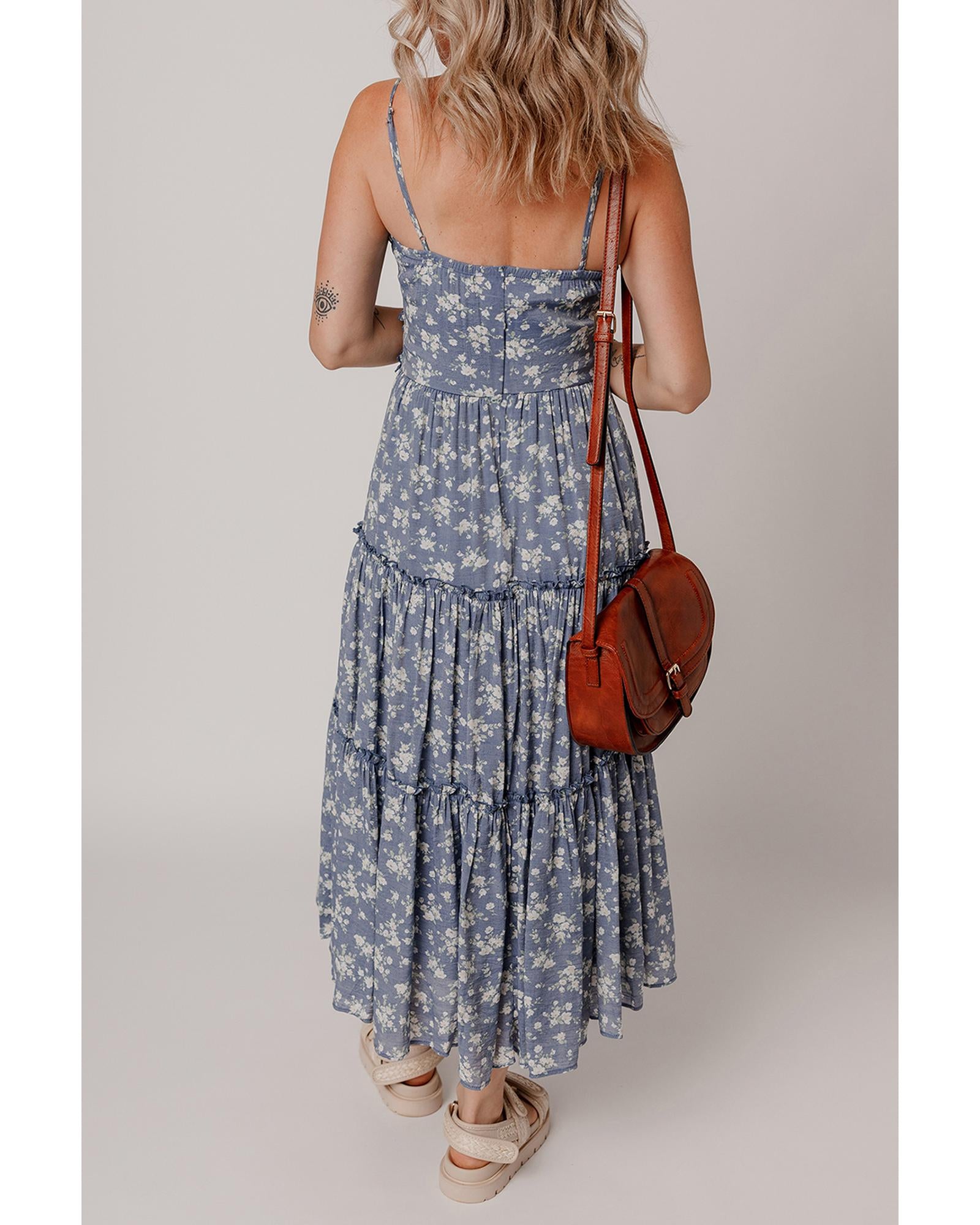 Blue Floral Spaghetti Strap Frilled V Neck Tiered Midi Dress - XL