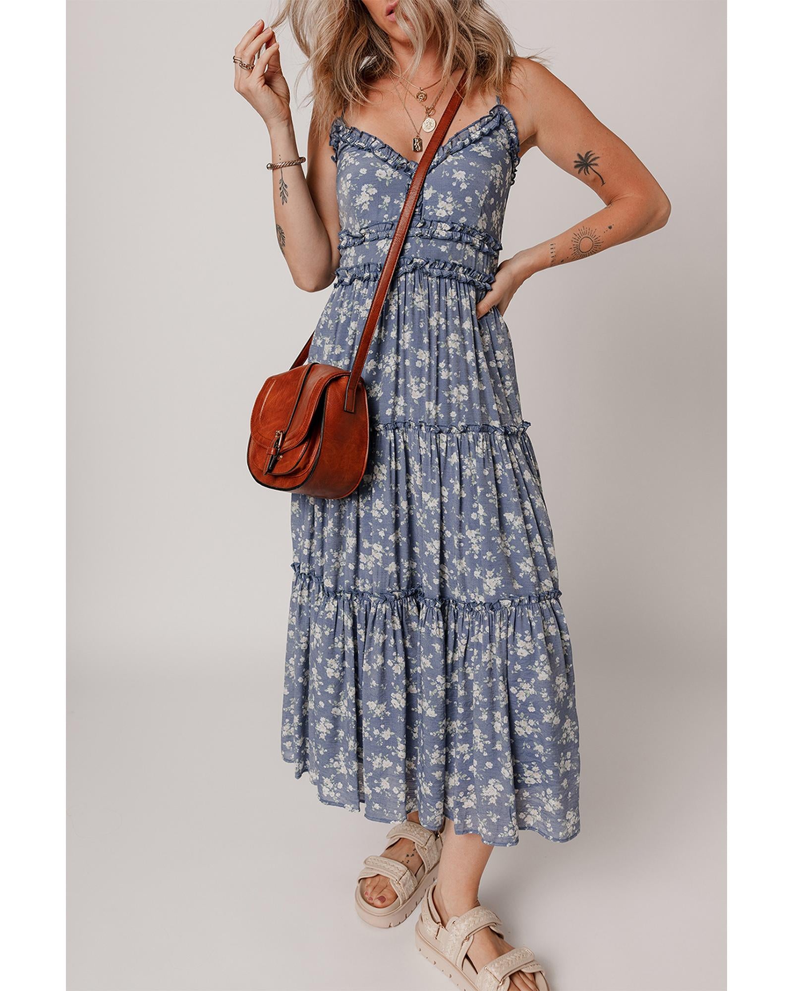 Blue Floral Spaghetti Strap Frilled V Neck Tiered Midi Dress - XL 3