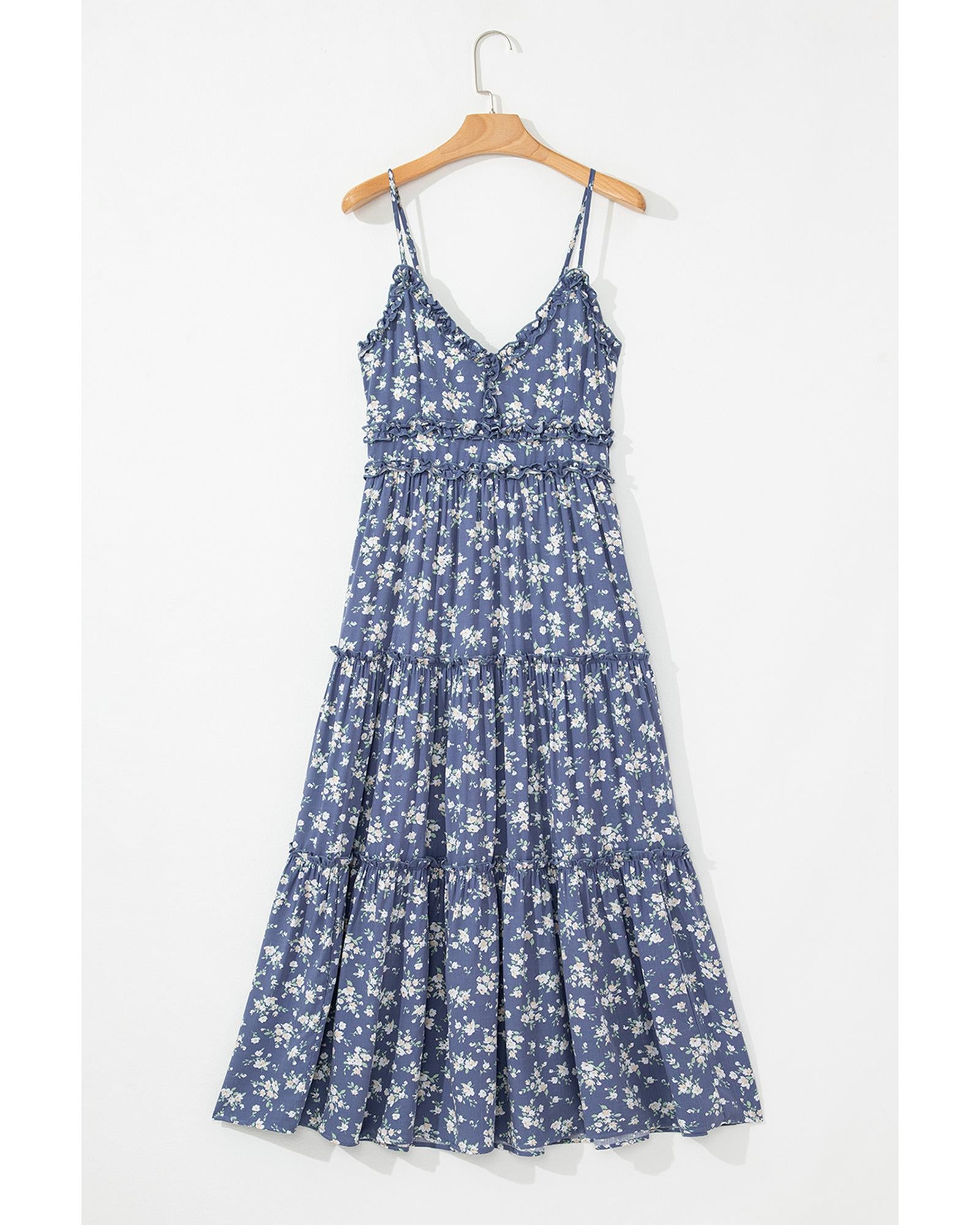 Blue Floral Spaghetti Strap Frilled V Neck Tiered Midi Dress - XL 8