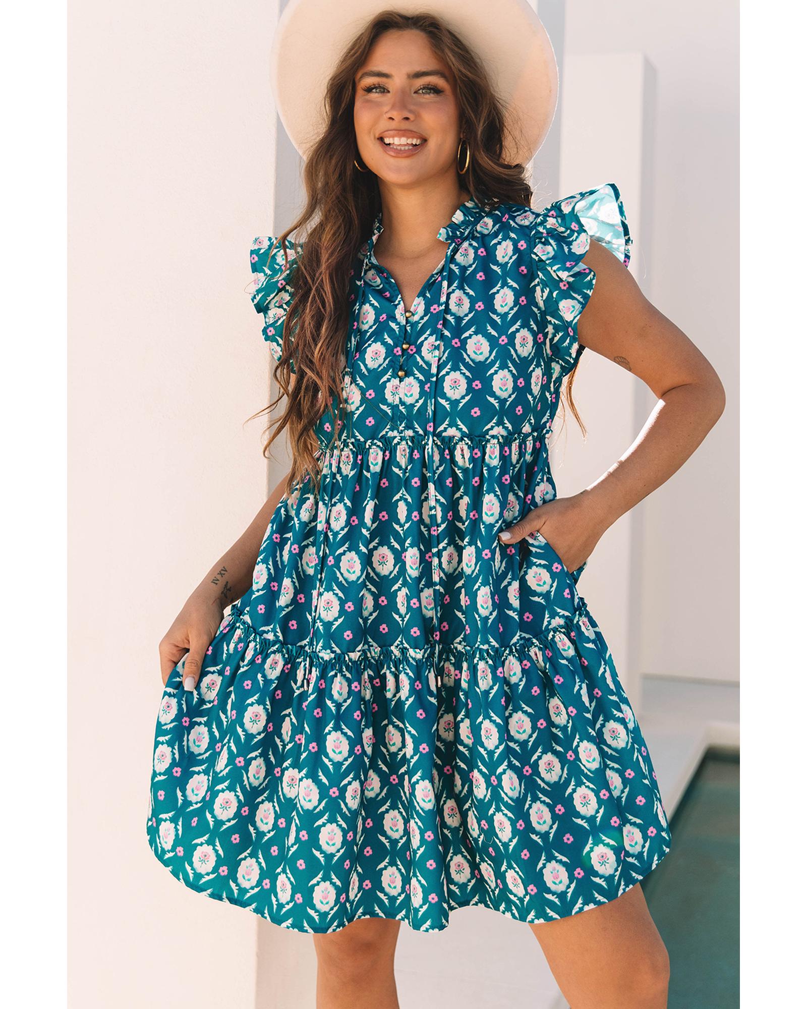 Blue Retro Floral Print Split Neck Ruffle Short Sleeve Dress - L
