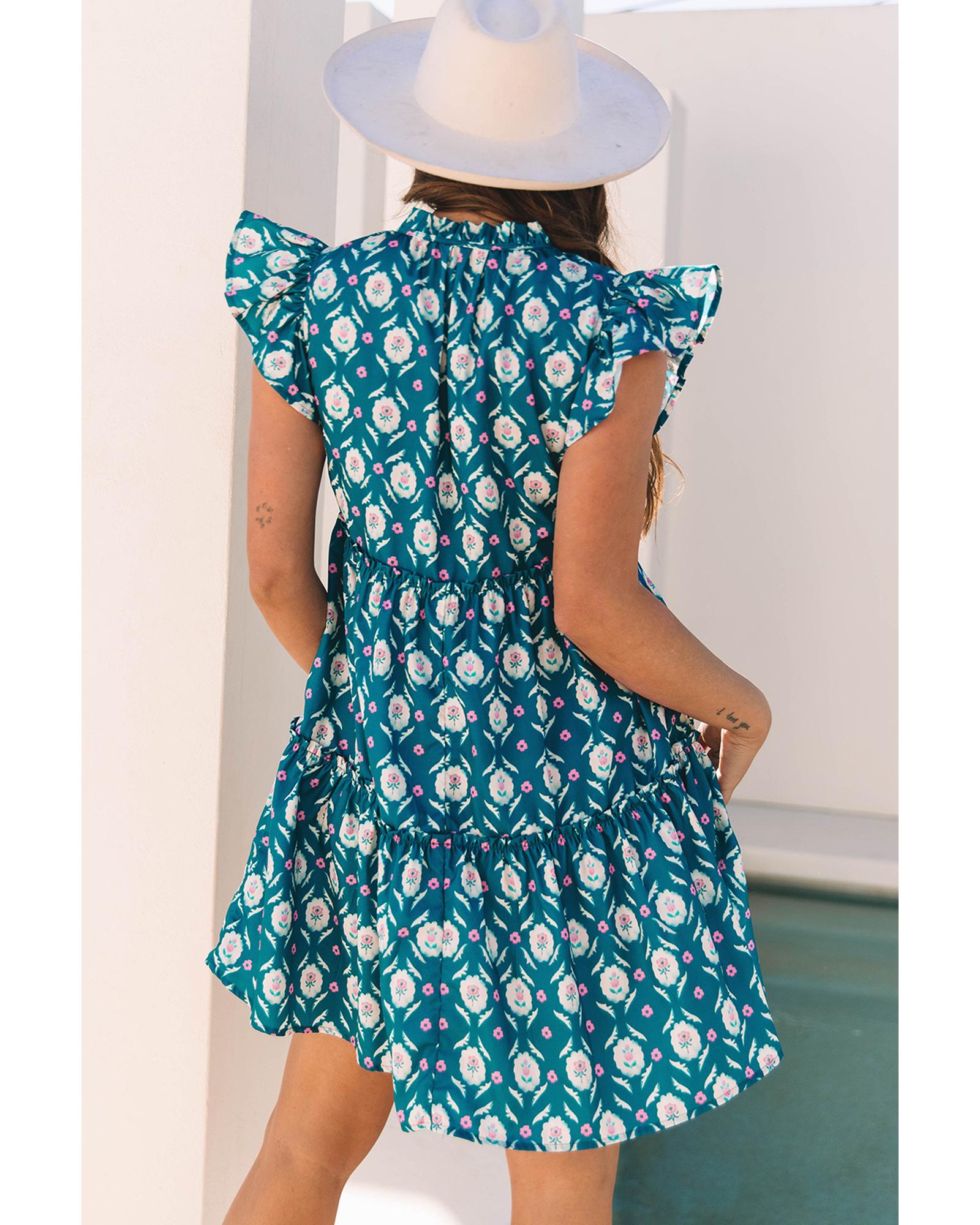 Blue Retro Floral Print Split Neck Ruffle Short Sleeve Dress - L