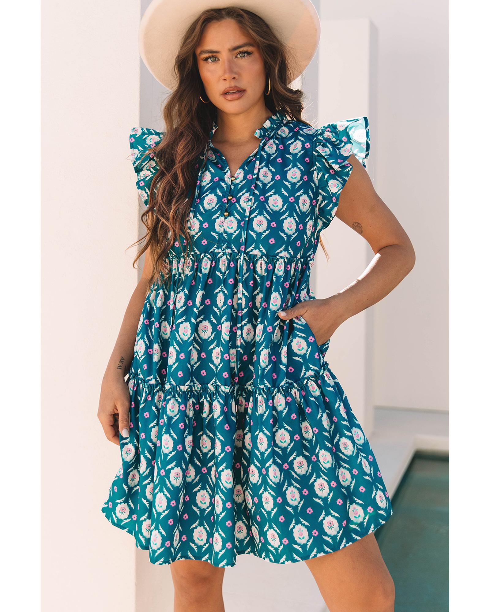 Blue Retro Floral Print Split Neck Ruffle Short Sleeve Dress - M 4