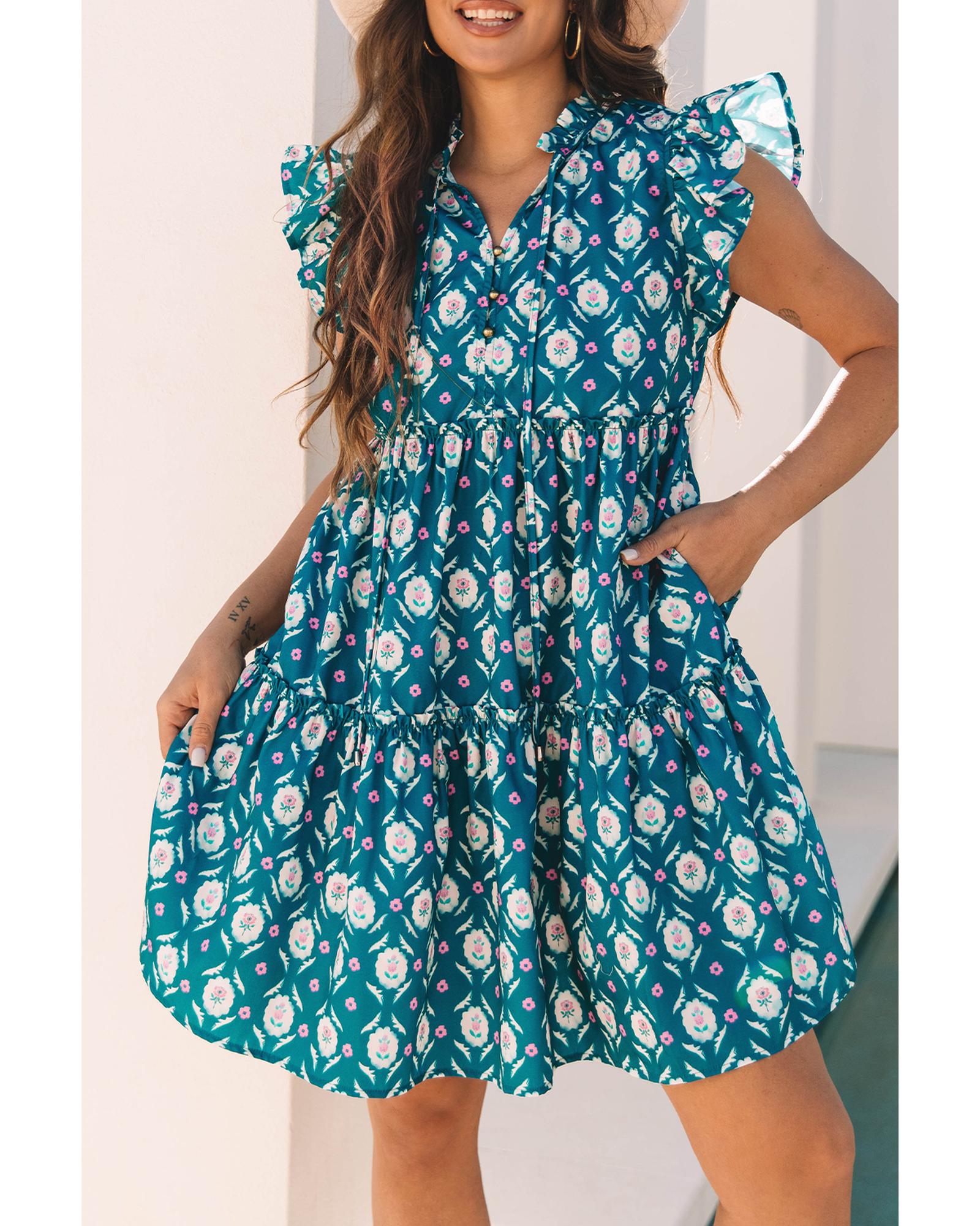 Blue Retro Floral Print Split Neck Ruffle Short Sleeve Dress - M 5