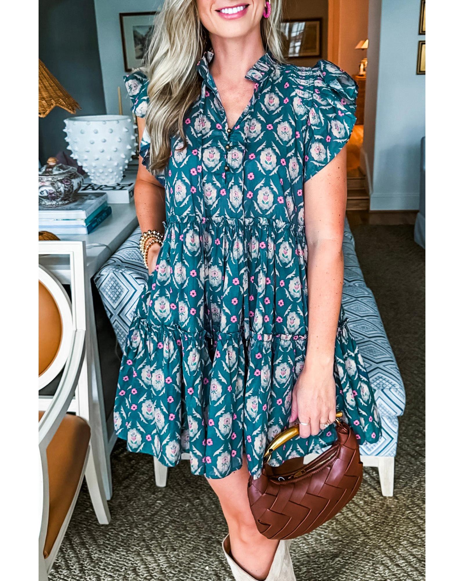 Blue Retro Floral Print Split Neck Ruffle Short Sleeve Dress - M 6