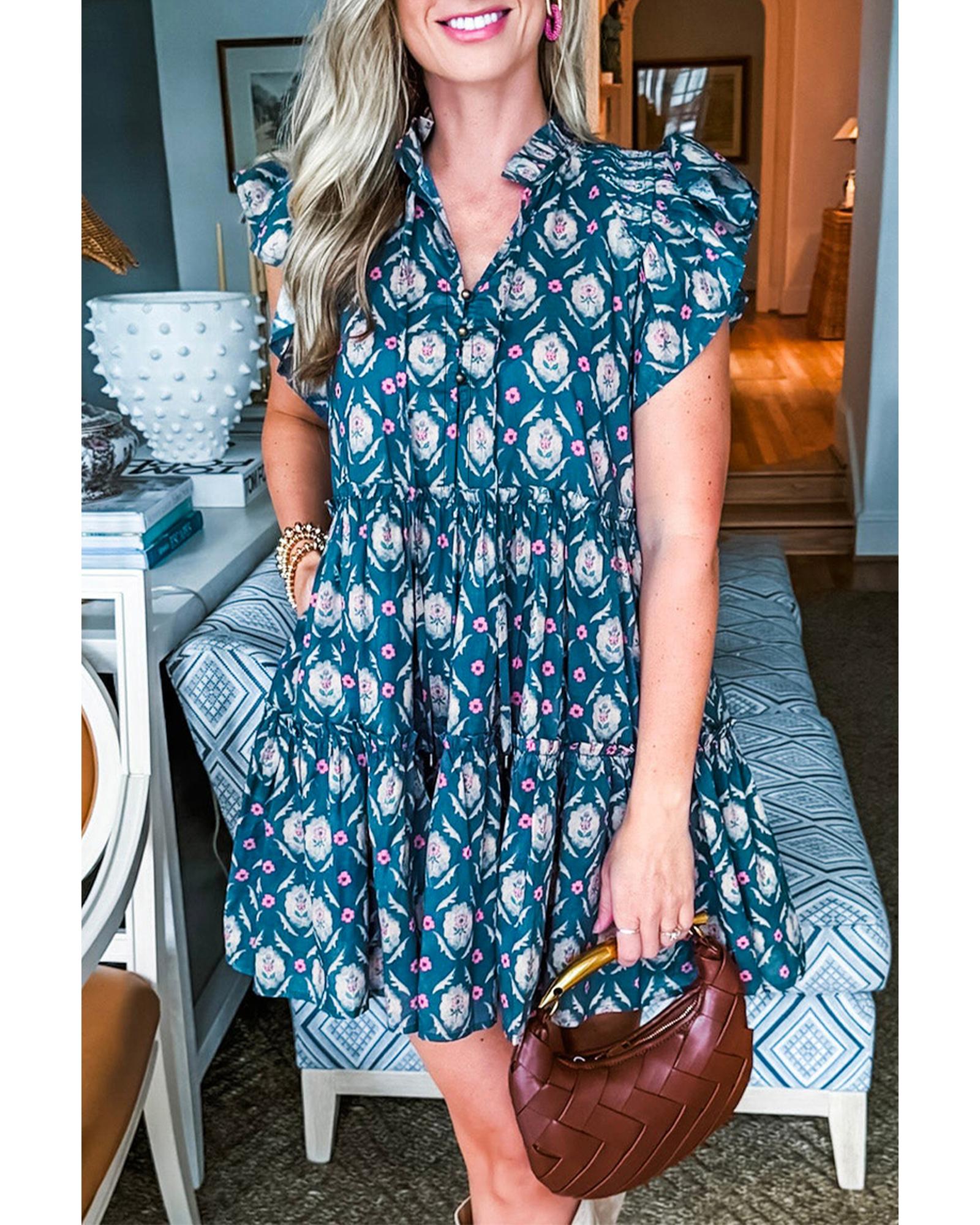 Blue Retro Floral Print Split Neck Ruffle Short Sleeve Dress - M 7