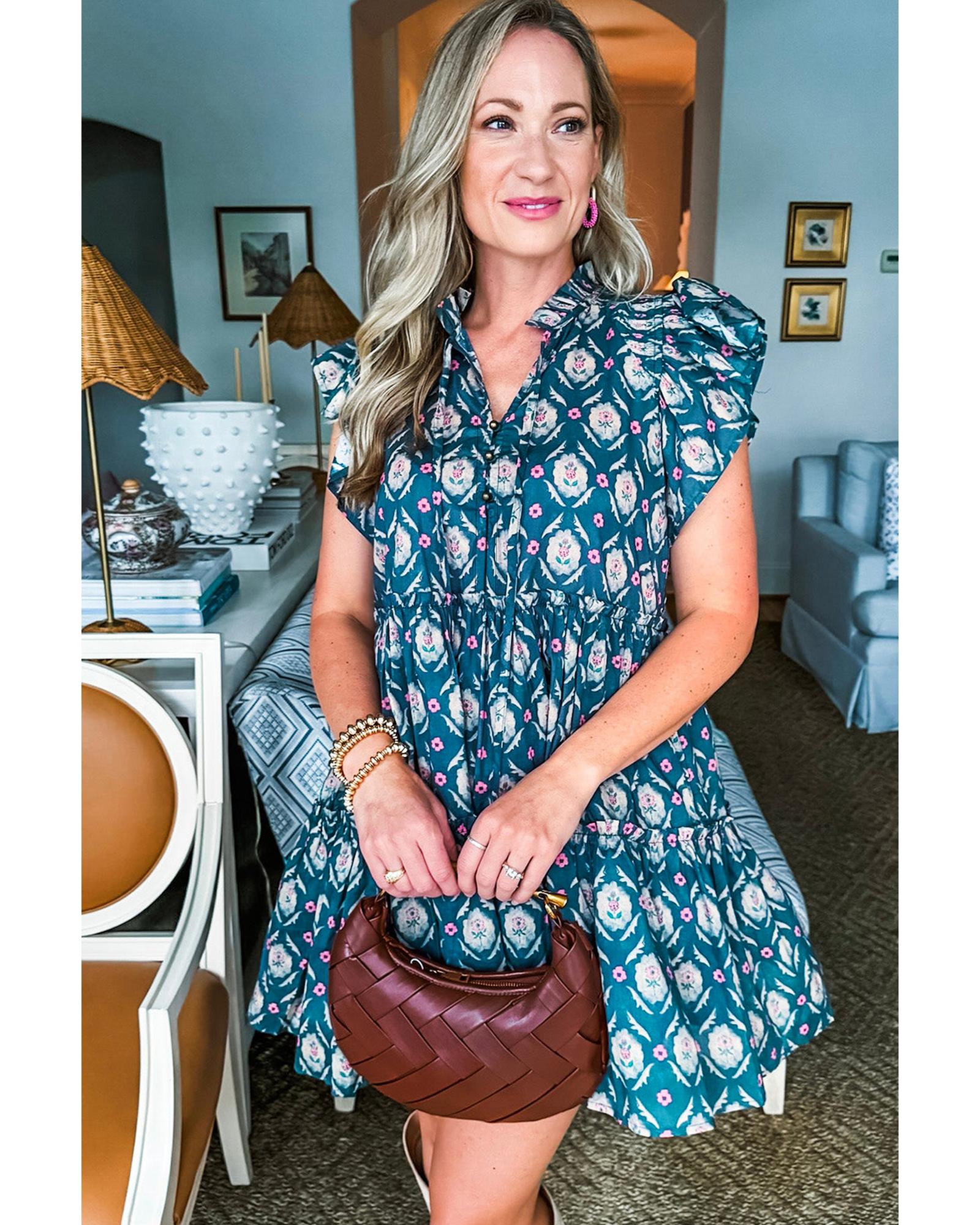 Blue Retro Floral Print Split Neck Ruffle Short Sleeve Dress - M 8