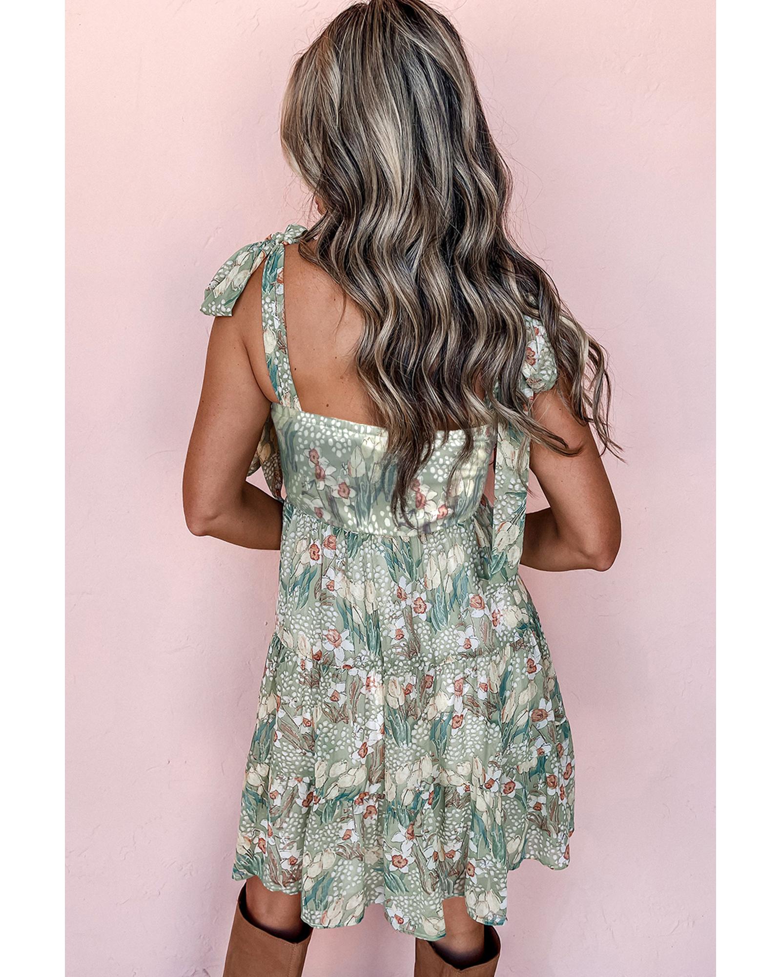 Gray Floral Knotted Strap Smocked Tiered Ruffle Mini Dress - L